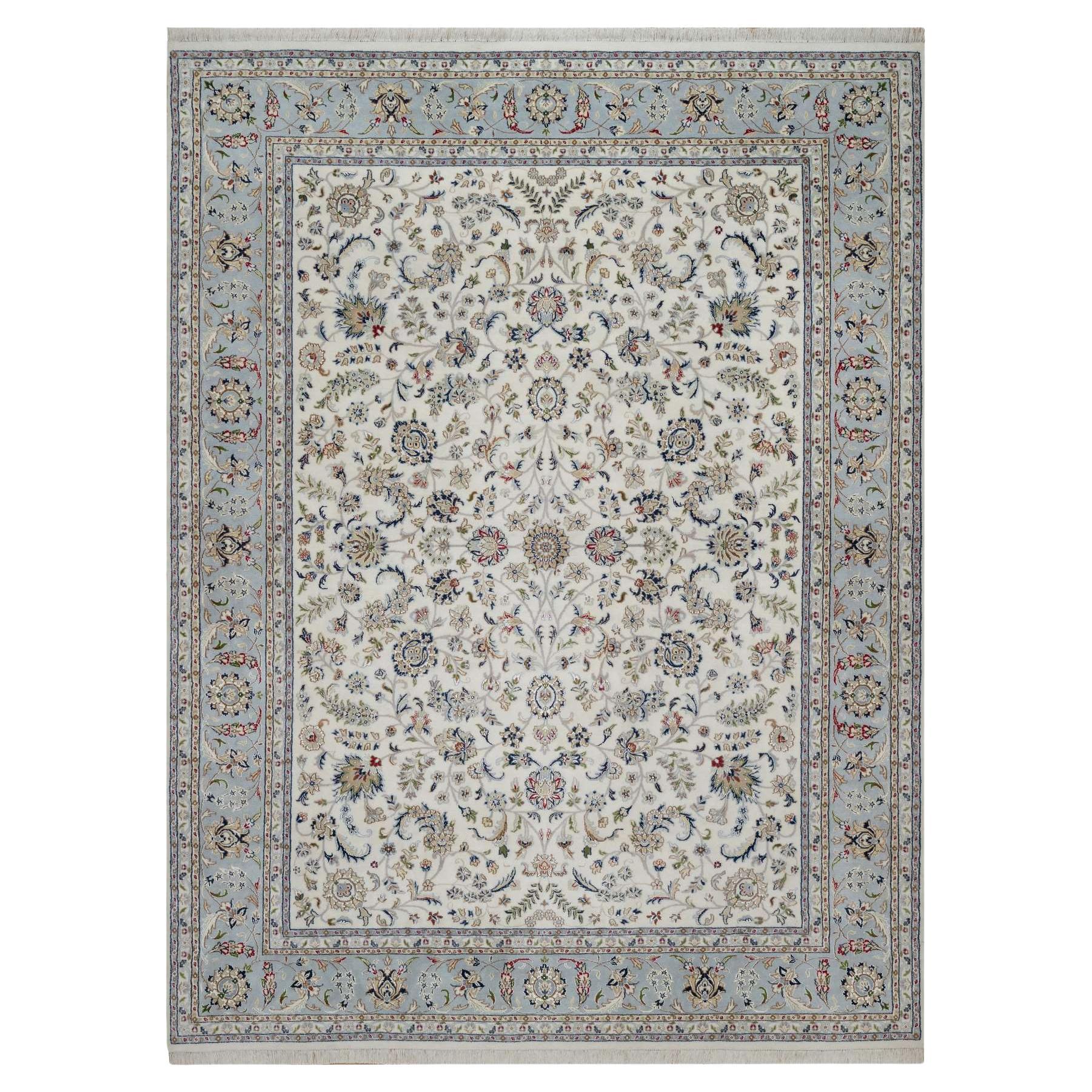 9'1"x12' Ivory Nain with Flower Pattern Hand Knotted Wool and Silk Oriental Rug