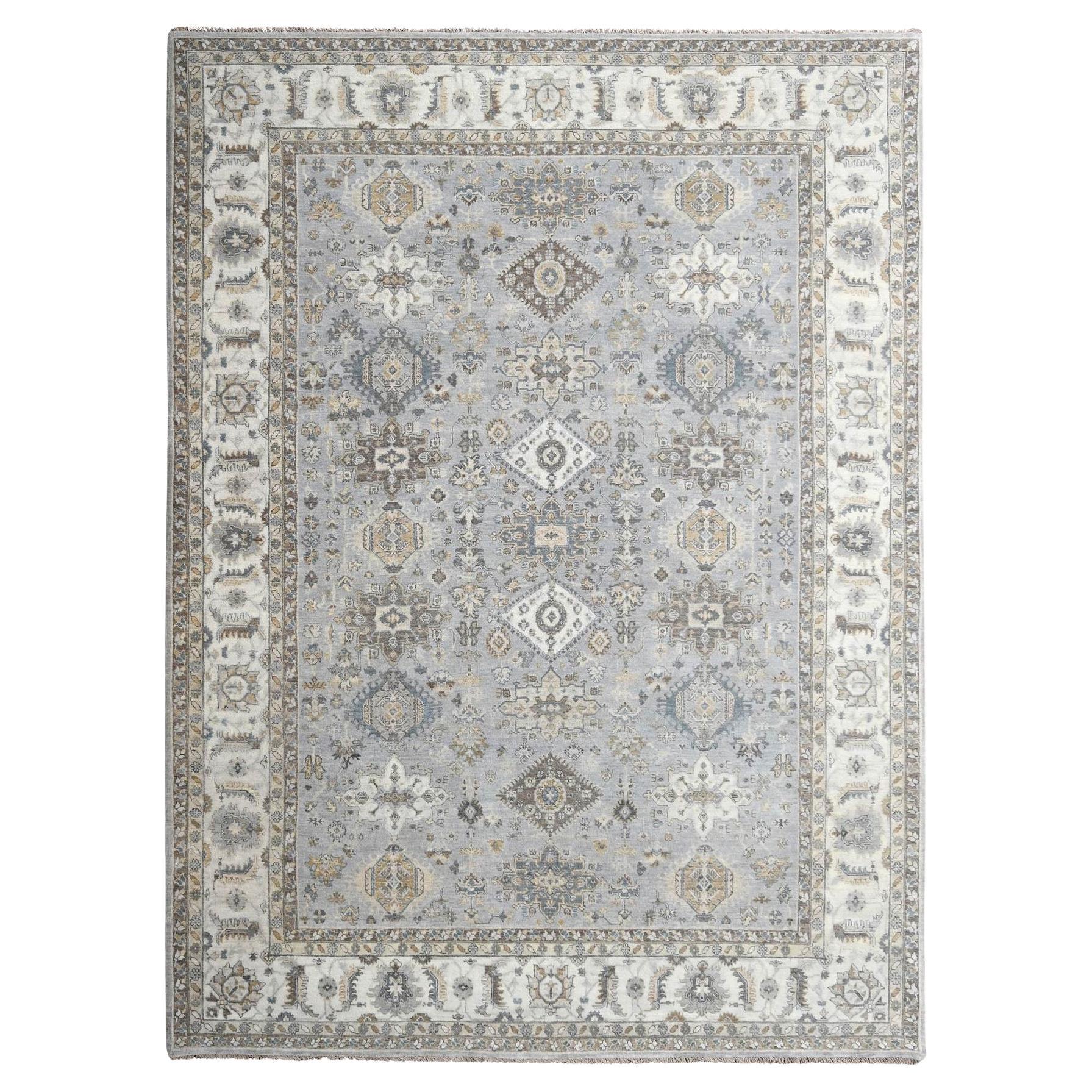 9'1"x12' Medium Gray Pure Wool Karajeh and Geometric Design Hand Knotted Rug