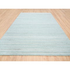 9'1"x12' Modern Design Plain Natural Wool Hand Loomed Ivory with Blue Rug