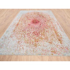 9'1"x12' Pink Wool & Pure Silk Medallion Erased Persian Design Hand Knotted Rug