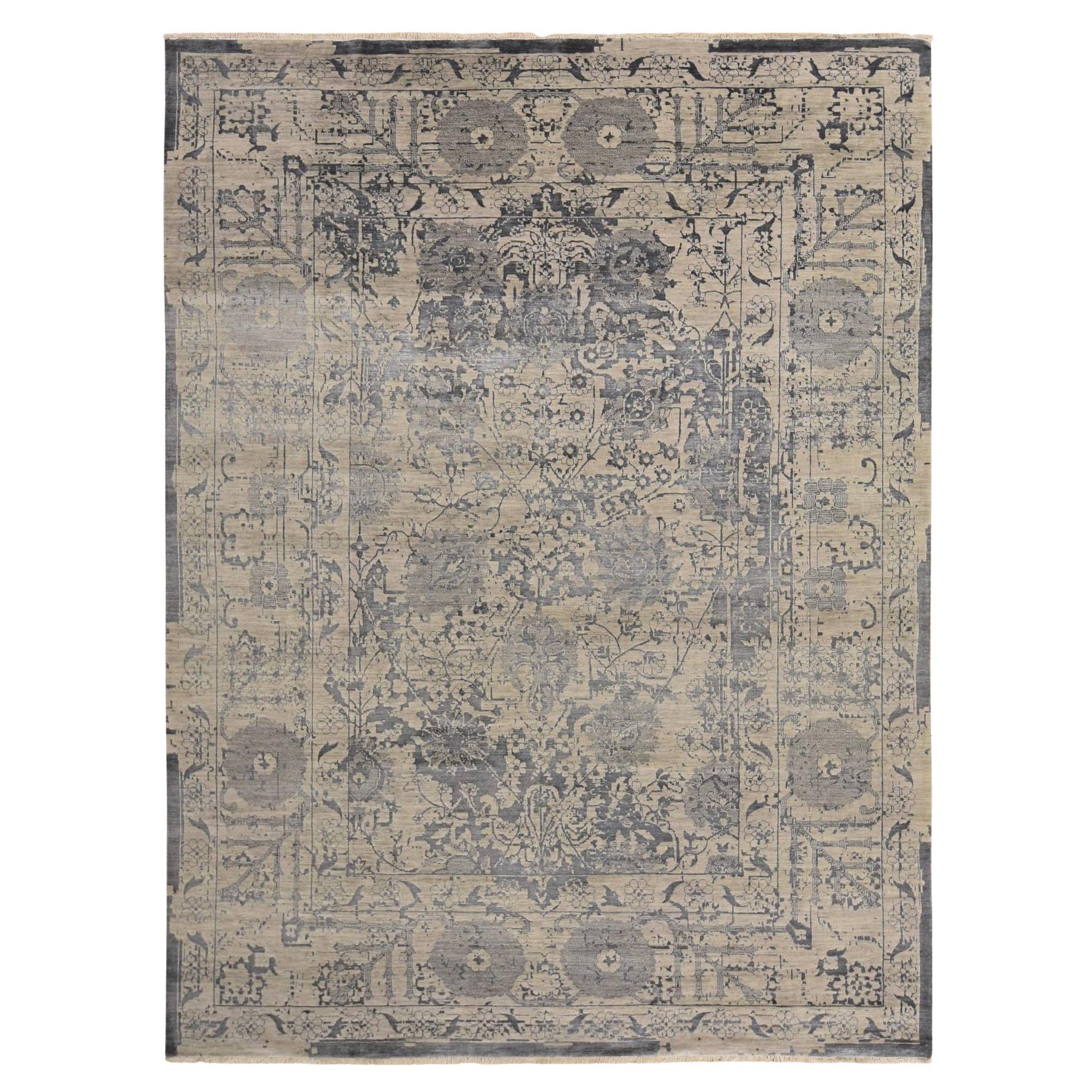 9'1 "x12' Tapis d'Orient en laine et soie de couleur havane Broken and Erased Persian Design