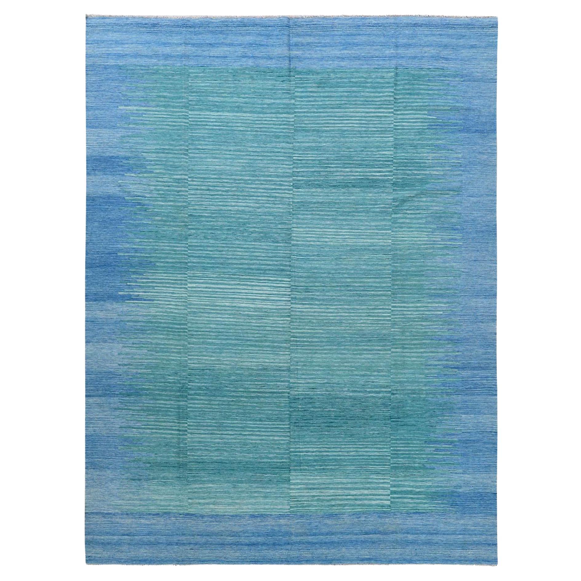 9
1"x12
 THE AQUAMARINE Hand Woven Flat Weave Kilim Natural Wool Reversible Rug For Sale