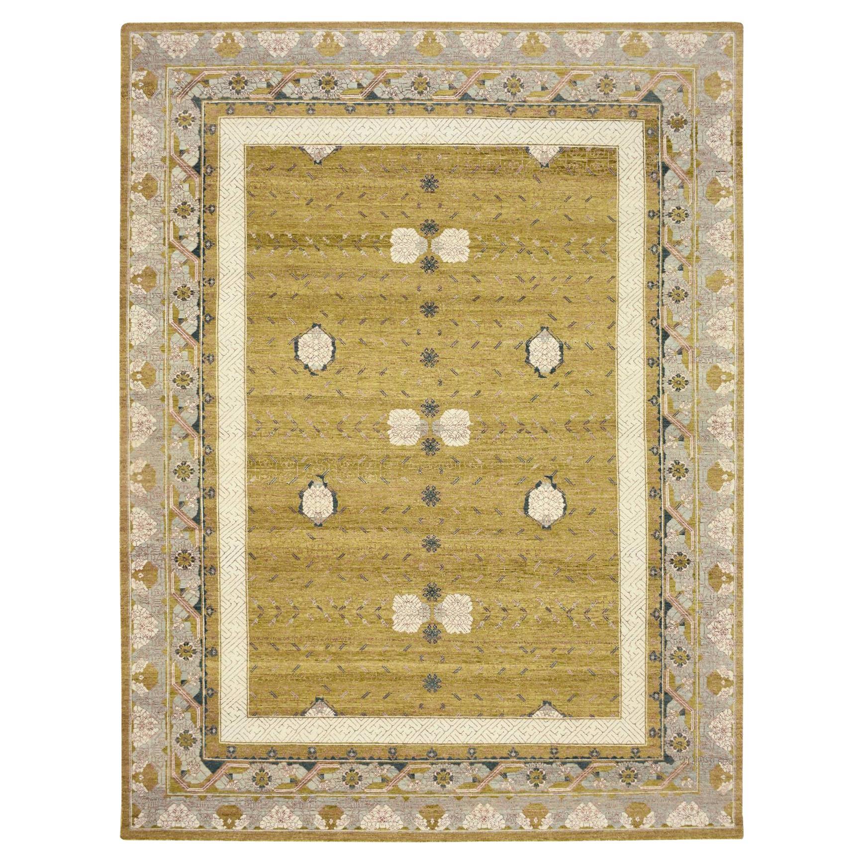 9
1 "x12
1" Jaune d
or Pinecone Design 100% laine noué à la main Tapis d
Orient en vente