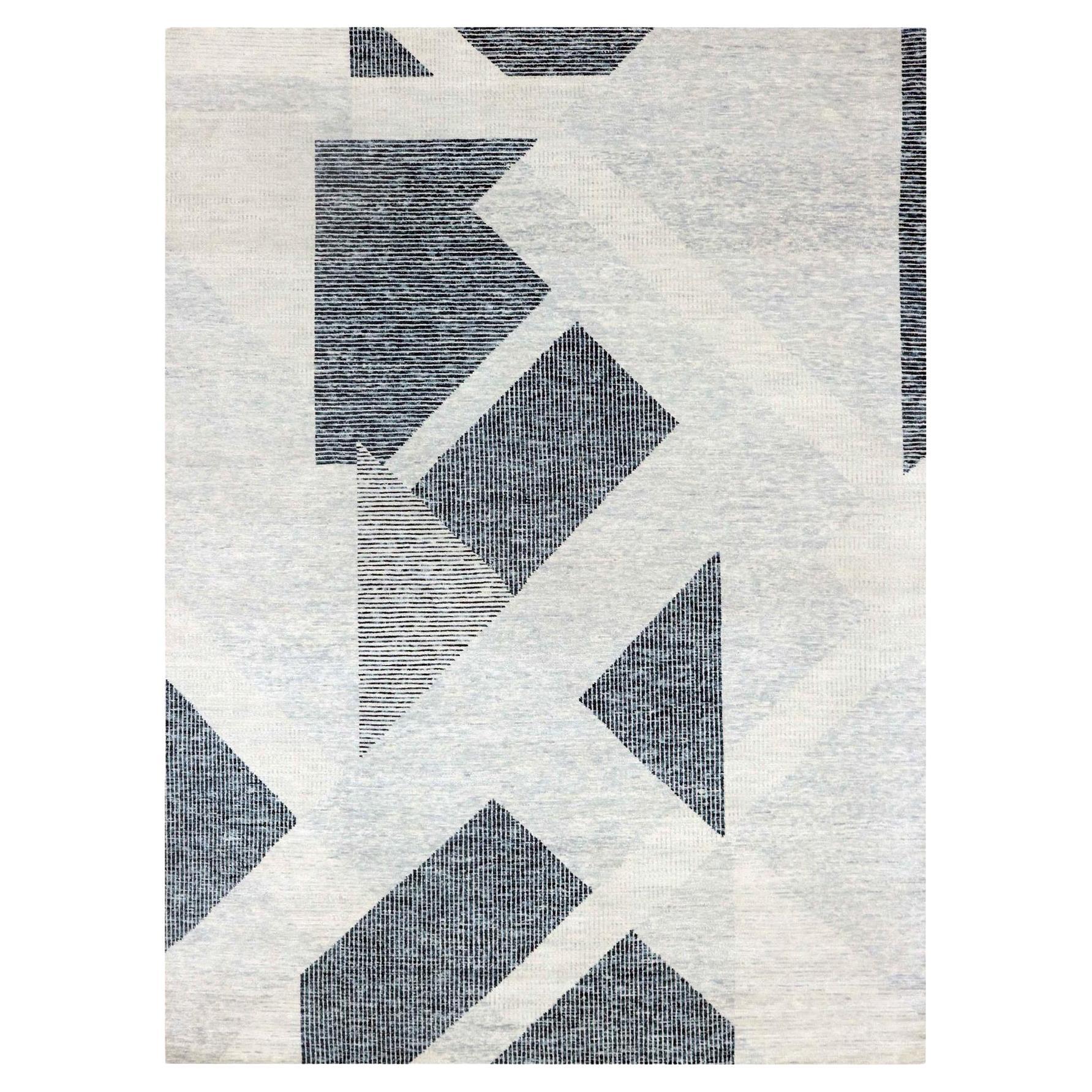 9'1"x12'1" Gray, Pure Wool Hand Knotted, Geometric Art Deco Collection Rug