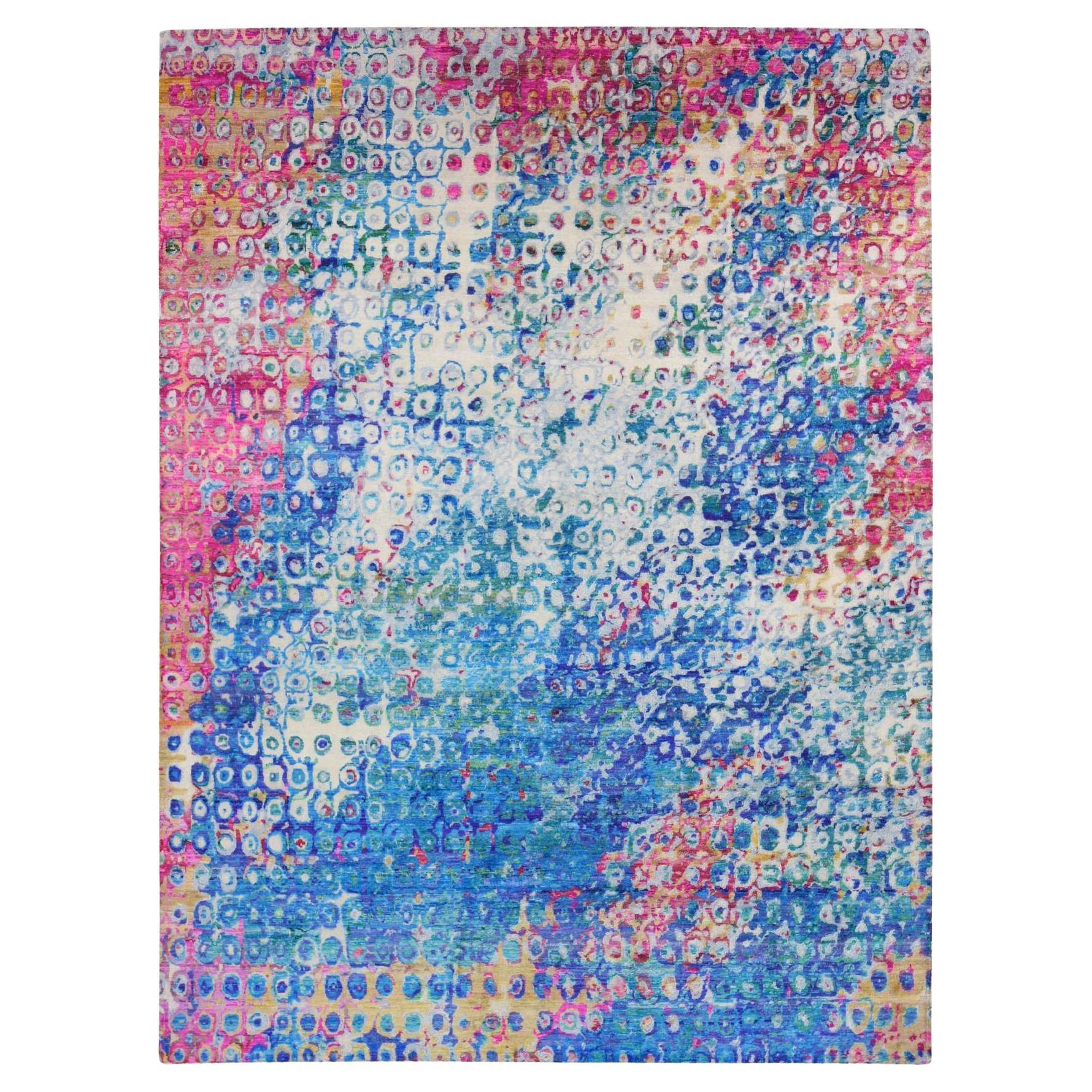 9'1"x12'1" Maya Blue THE PEACOCK Colorful Sari Silk Hand Knotted Oriental Rug For Sale