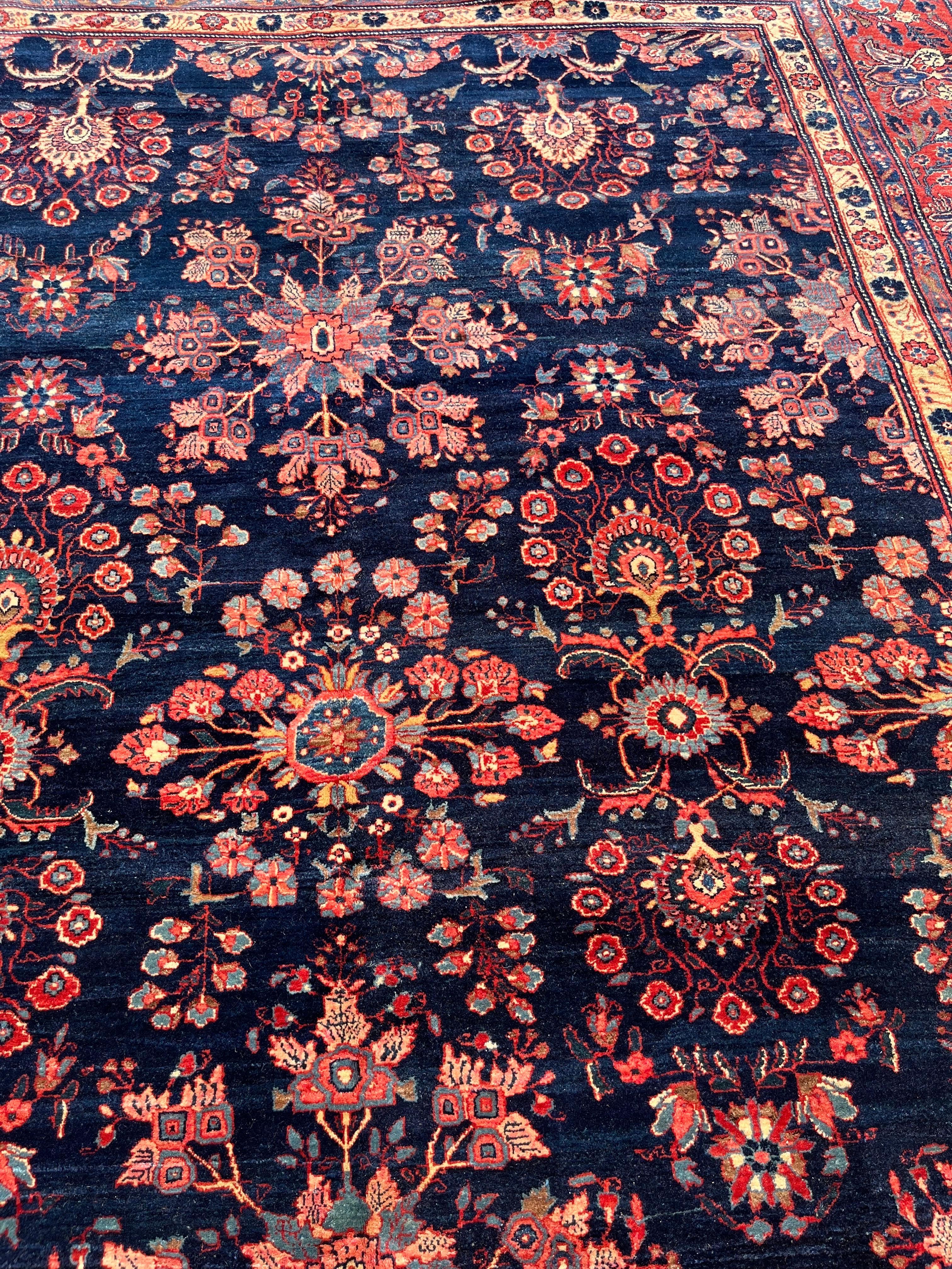 Sarouk Farahan 9’1”x12’1” Persian blue Mahajaran Sarouk ca 1910 handmade wool rug For Sale