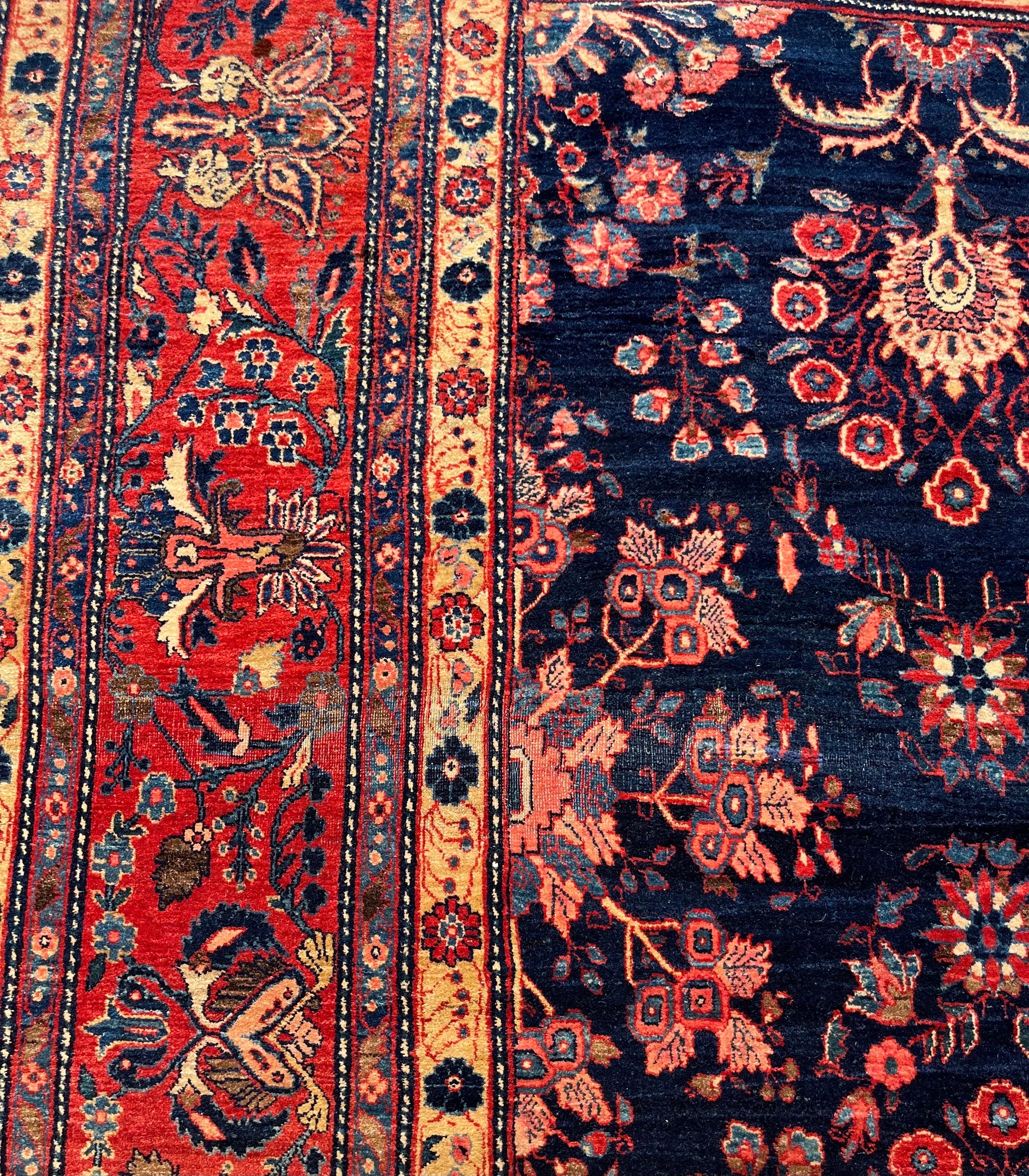 Hand-Woven 9’1”x12’1” Persian blue Mahajaran Sarouk ca 1910 handmade wool rug For Sale