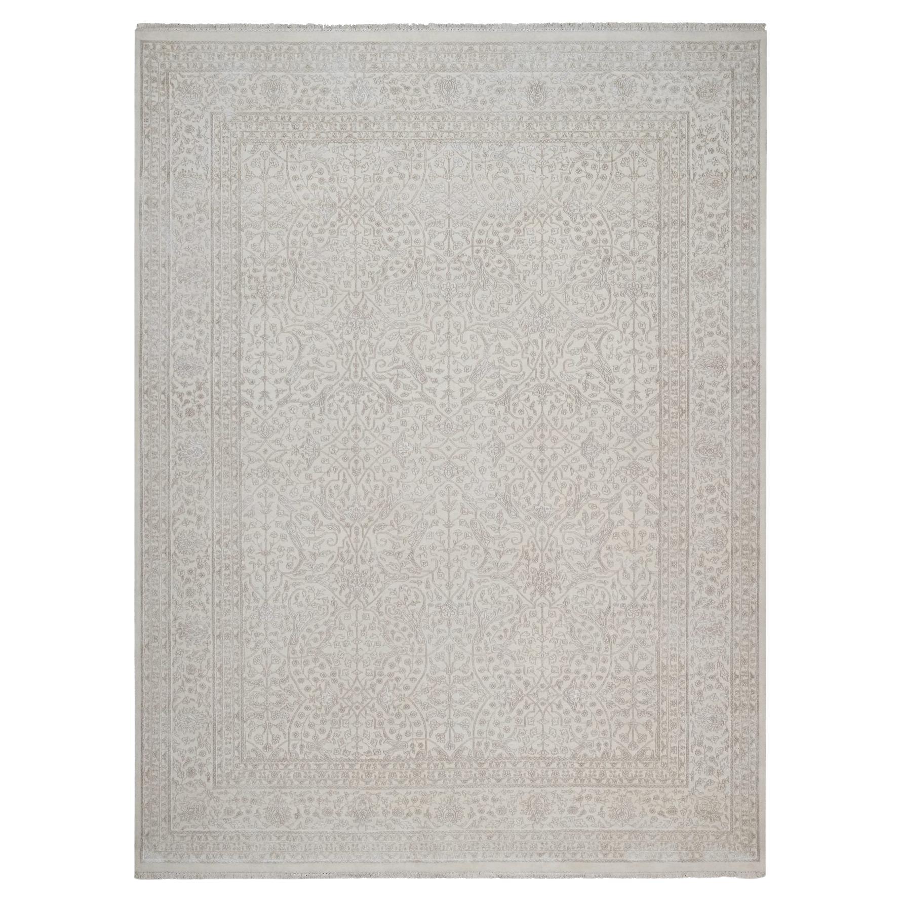 9'1"x12'1" White Wool and Plant Based Silk Hand Knotted 200 KPSI Oriental Rug