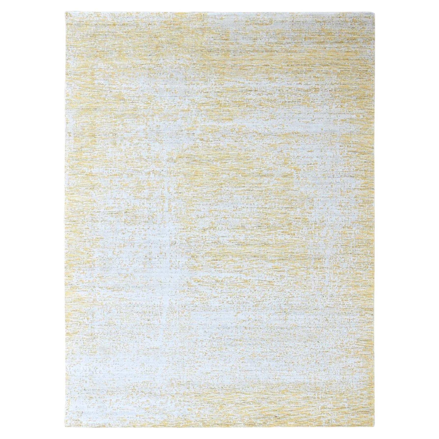 9'1"x12'1" Yellow Modern Wool and Silk Textured Pile Hand Loomed Oriental Rug