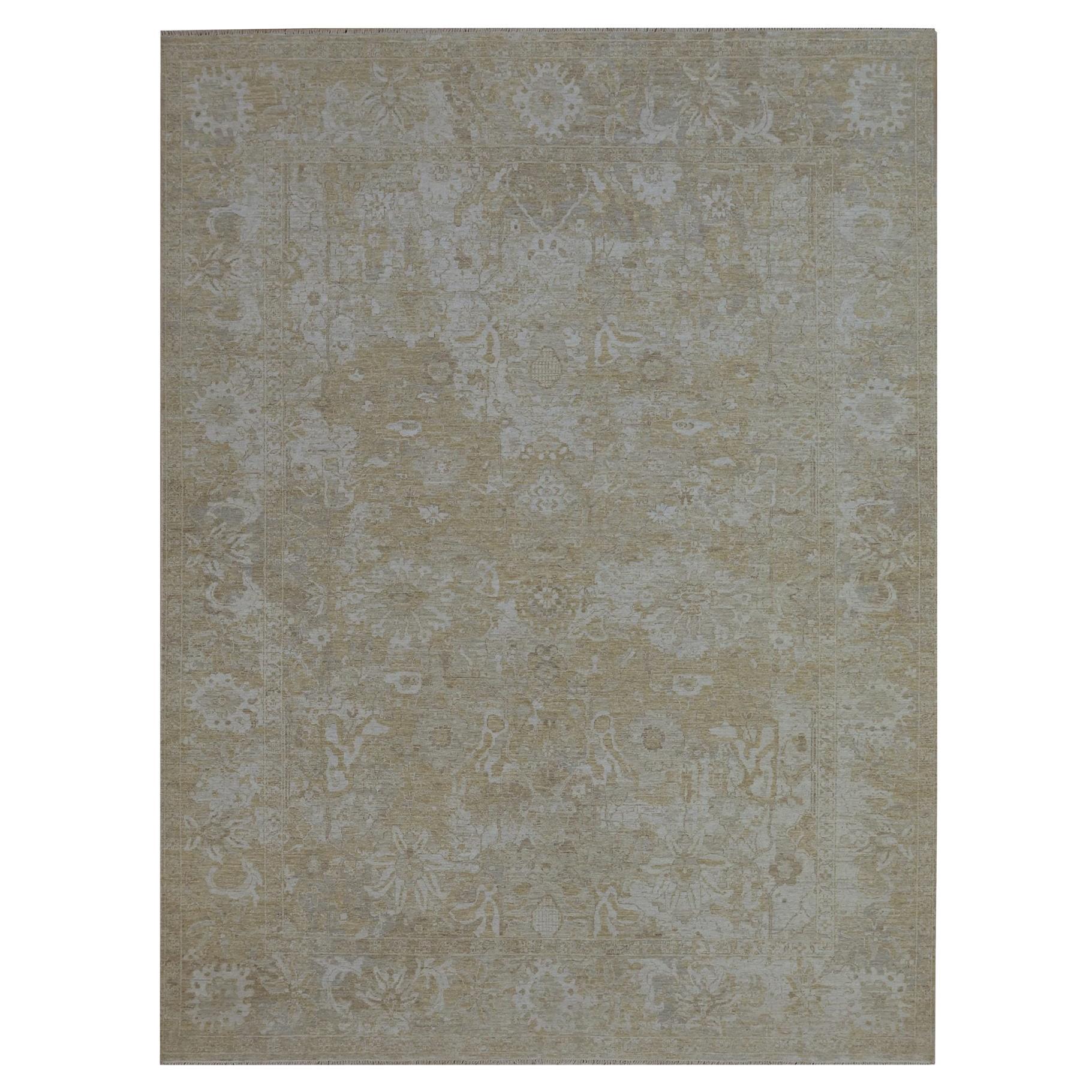 9'1"x12'2" Beige with Gray Erased Sultanabad Design Hand Knotted Pure Wool Rug