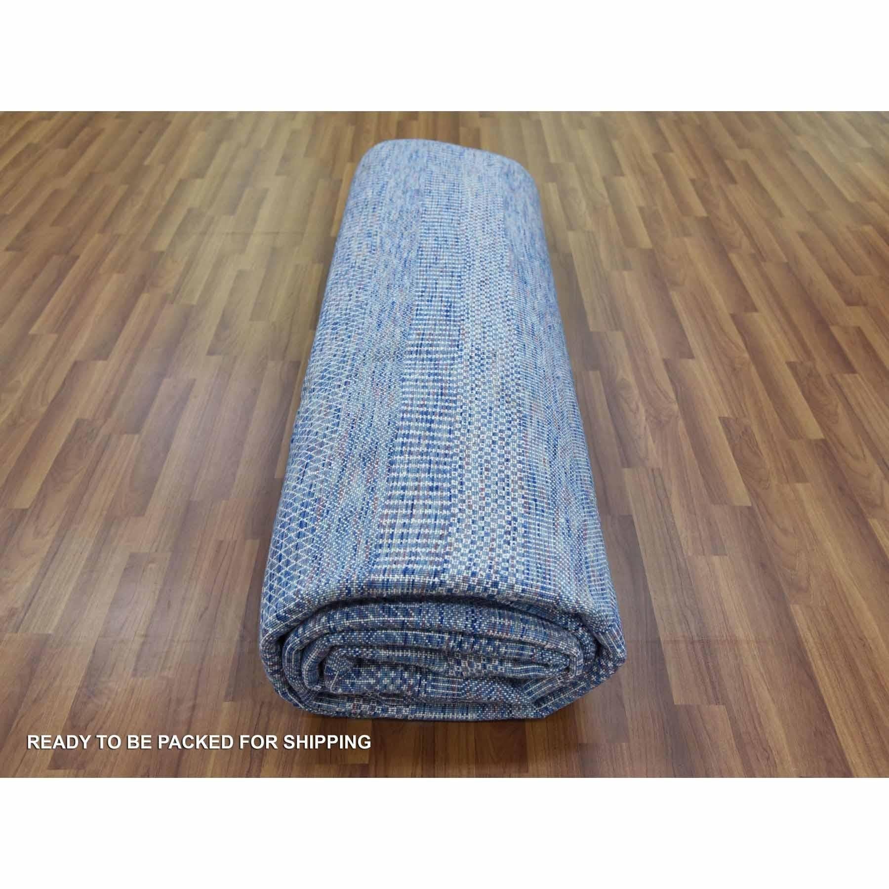 Tapis Gabbeh en laine et soie bleu noué à la main à motif de gazon moderne 9'1