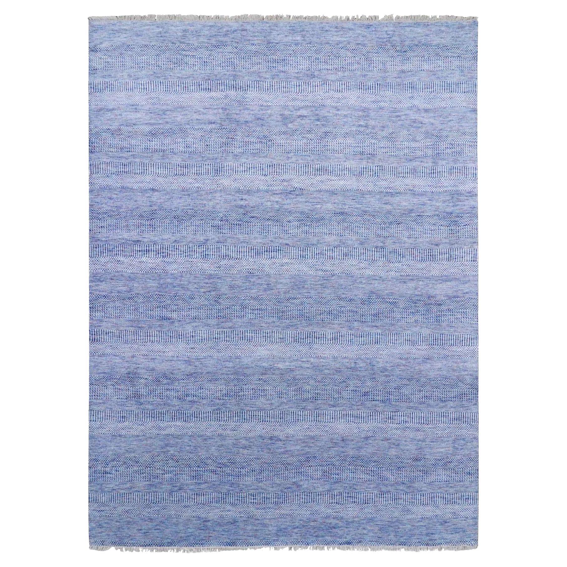 9'1"x12'2" Blue Hand Knotted Modern Grass Design Gabbeh Wool and Silk Rug
