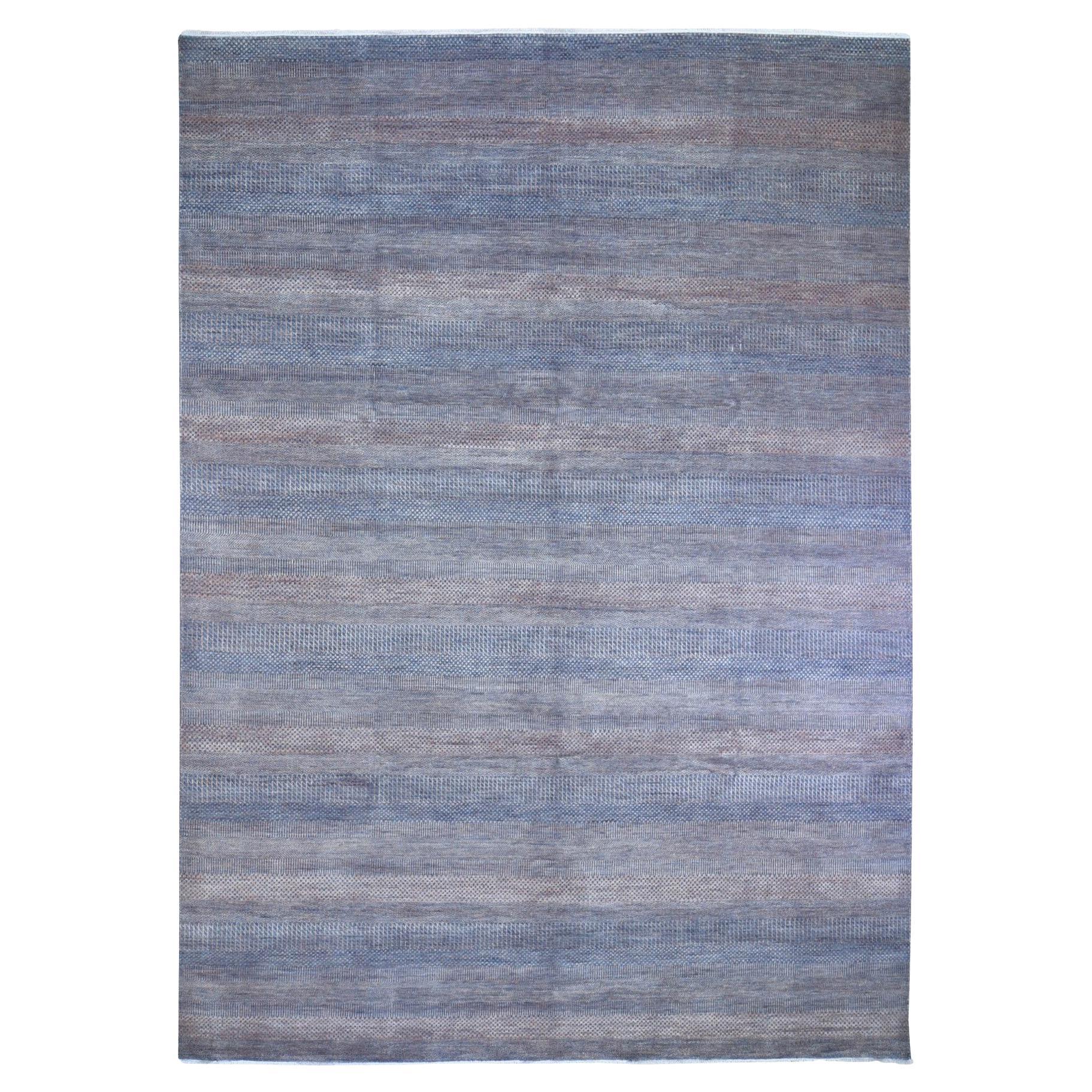 9'1"x12'2" Denim Blue Grass Design Wool and Silk Hand Knotted Oriental Rug For Sale