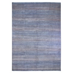 9'1"x12'2" Denim Blue Grass Design Wool and Silk Hand Knotted Oriental Rug