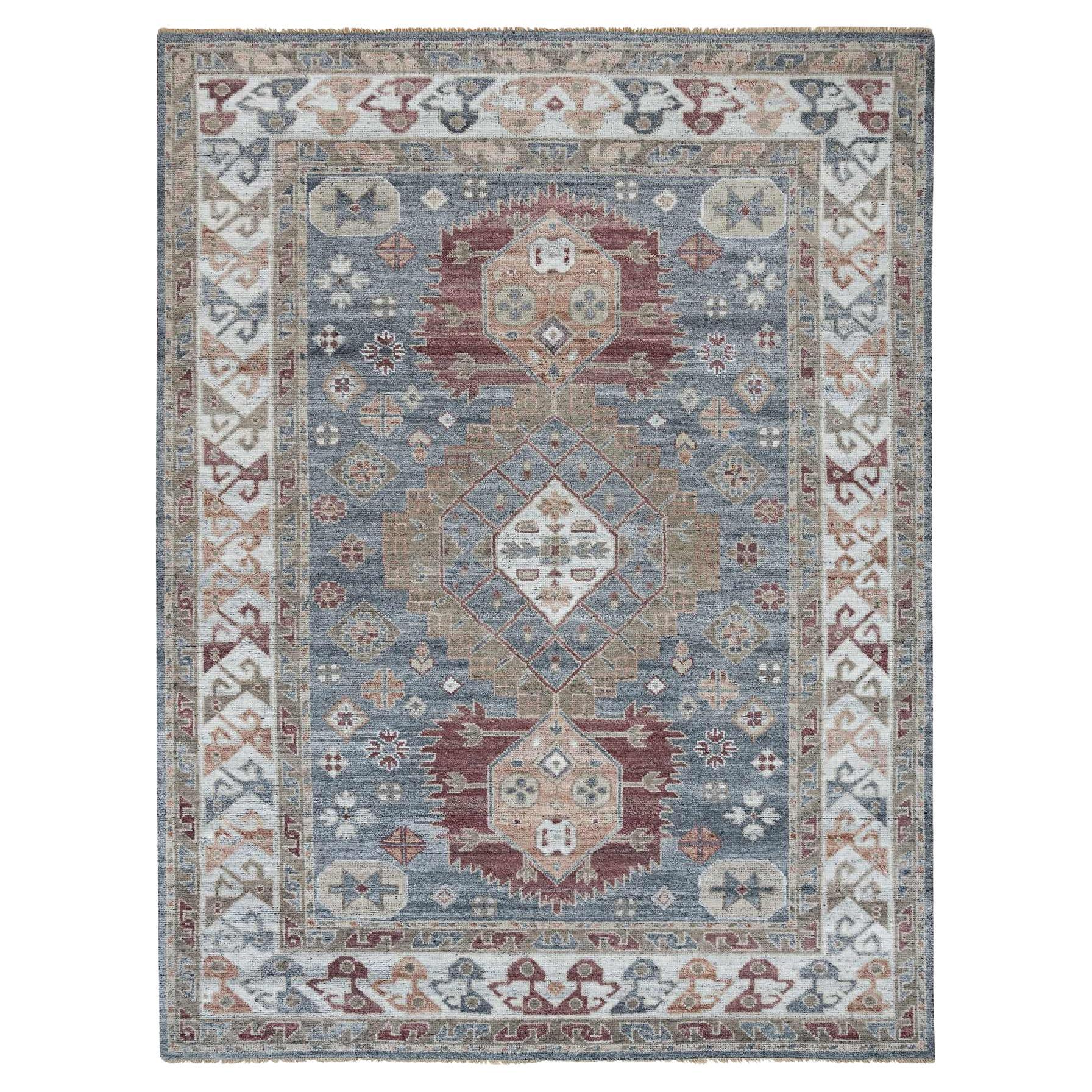 9'1"x12'2" Oxford Gray Geometric Serrated Leaf Design Wool Hand Knotted Rug