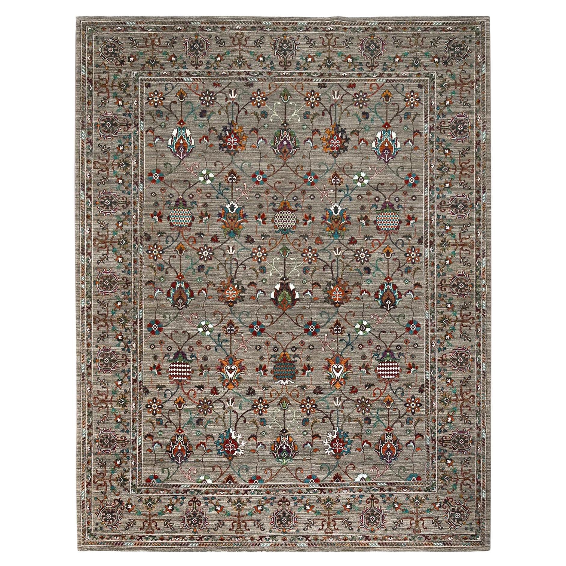 9'1"x12'2" Pinstripe Gray Hand Knotted Wool Sultani Pomegranate Oriental Rug
