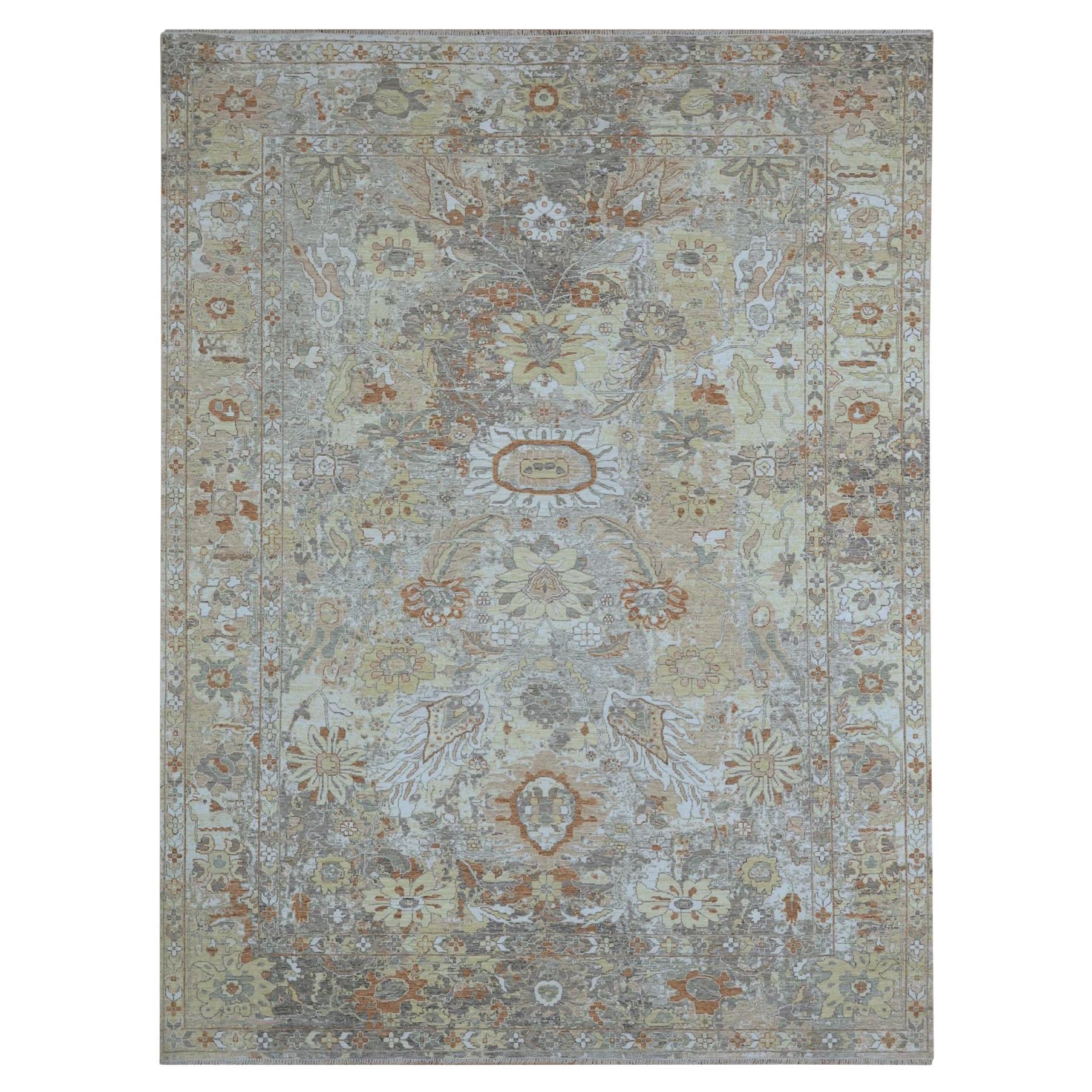 9'1"x12'3" Gray with Beige Erased Sultanabad Design Hand Knotted Pure Wool Rug