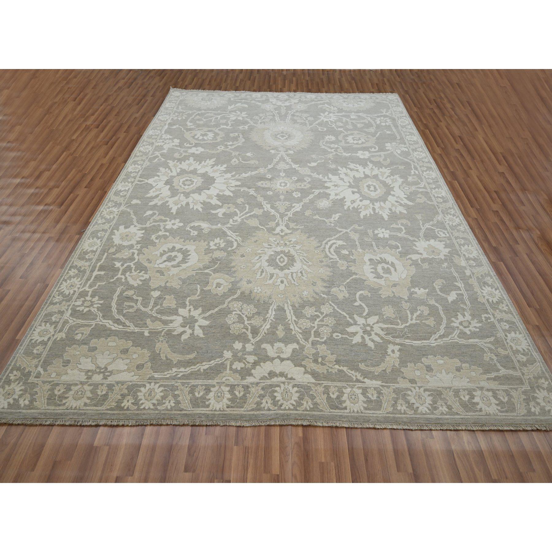 Fossil Gray, Ziegler Mahal Large Flowers Design, Tone on Tone, Zero Pile, 100% Wool, Hand Knotted, Dense Weave, Oriental Rug
Primary materials: Wool
Latex: No Pile 
height: 0.25 Inches
Style: Traditional
Primary color: Grey
Secondary colors: Ivory,