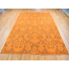 9'1"x12'3" Hand Knotted Pure Wool, Orange Cast Overdyed Ikat Oriental Rug