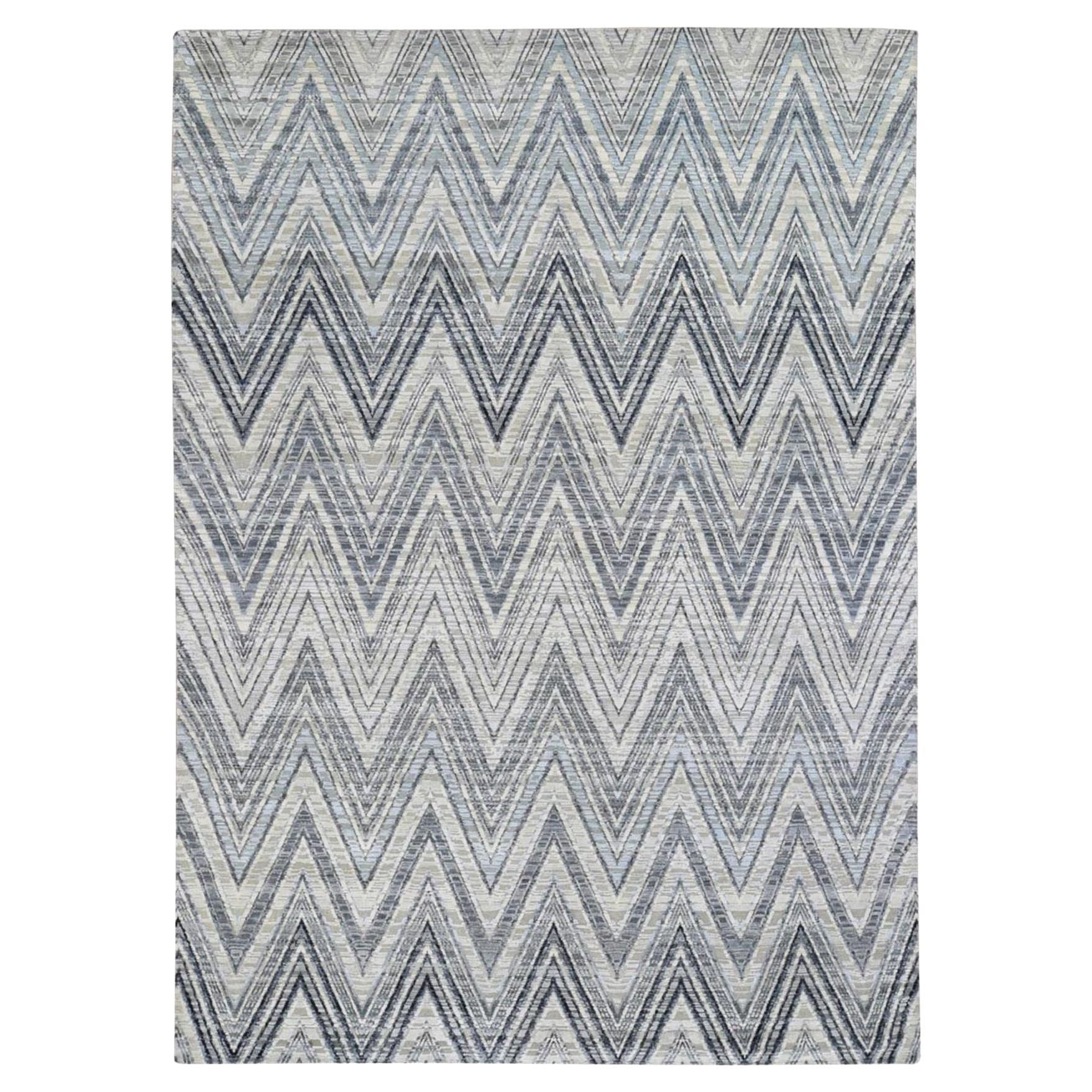 9'1 "x12'3" Elfenbein Chevron Design Texturierte Wolle & reine Seide Handgeknüpft Modern