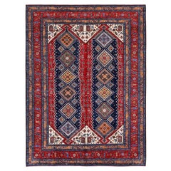 9'1"x12'3" Roter Afghanischer Ersari Teppich aus reiner Wolle im kaukasischen Design Revival-Stil, handgeknüpft
