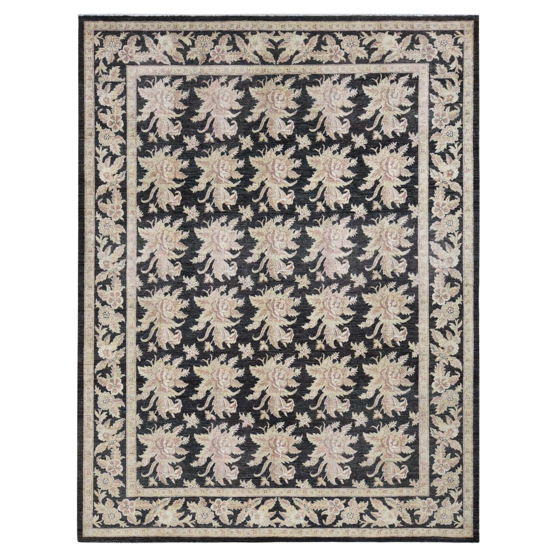 9'1"x12'4" Black, Dense Weave, Fine Peshawar Hand Knotted Wool Oriental Rug For Sale