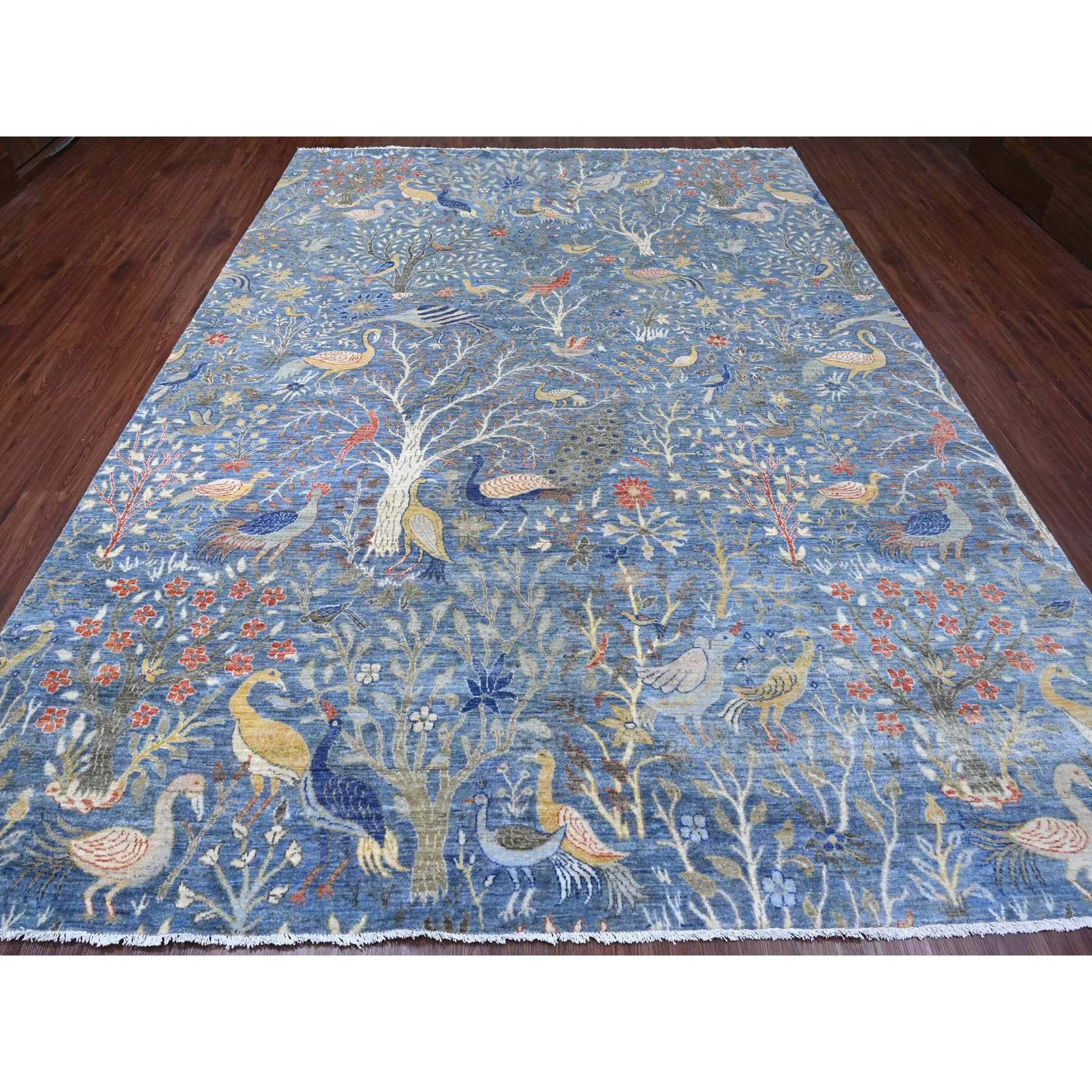 Classic Blue, Afghan Peshawar with Birds of Paradise Design, Hand Knotted, Soft and Shiny Wool, Vegetable Dyes, Oriental Rug
Primary materials: Wool
Latex: No Pile 
height: 0.25 Inches
Style: Transitional
Primary color: Blue
Secondary colors: Red,