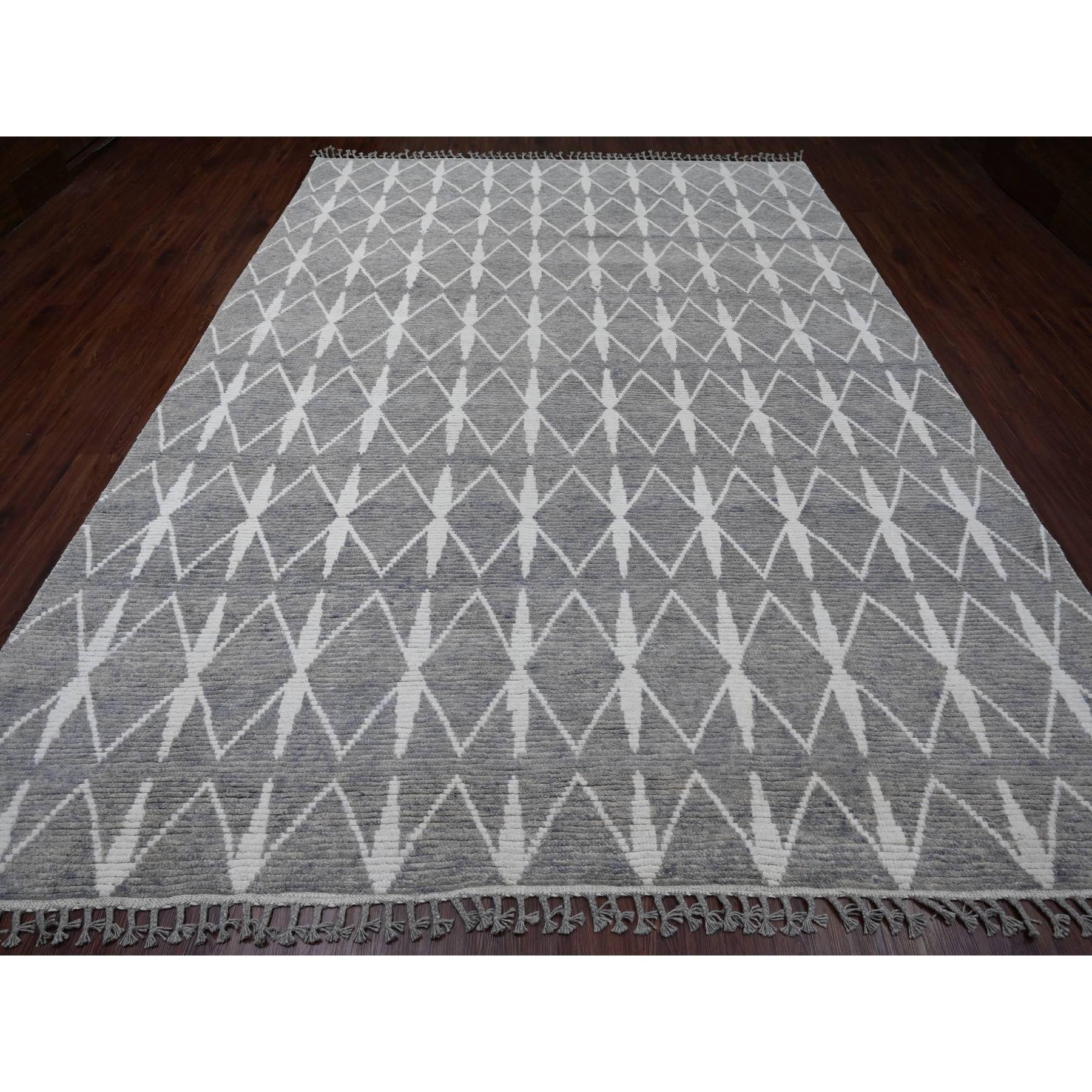 Spanish Gray, Moroccan Weave with Geometric Repetitive Pattern, Hand Knotted, Tone on Tone, Soft Wool, Textured Pile, Oriental Rug
Primary materials: Wool
Latex: No Pile 
height: 0.25 Inches
Style: Traditional
Primary color: Grey
Secondary colors: