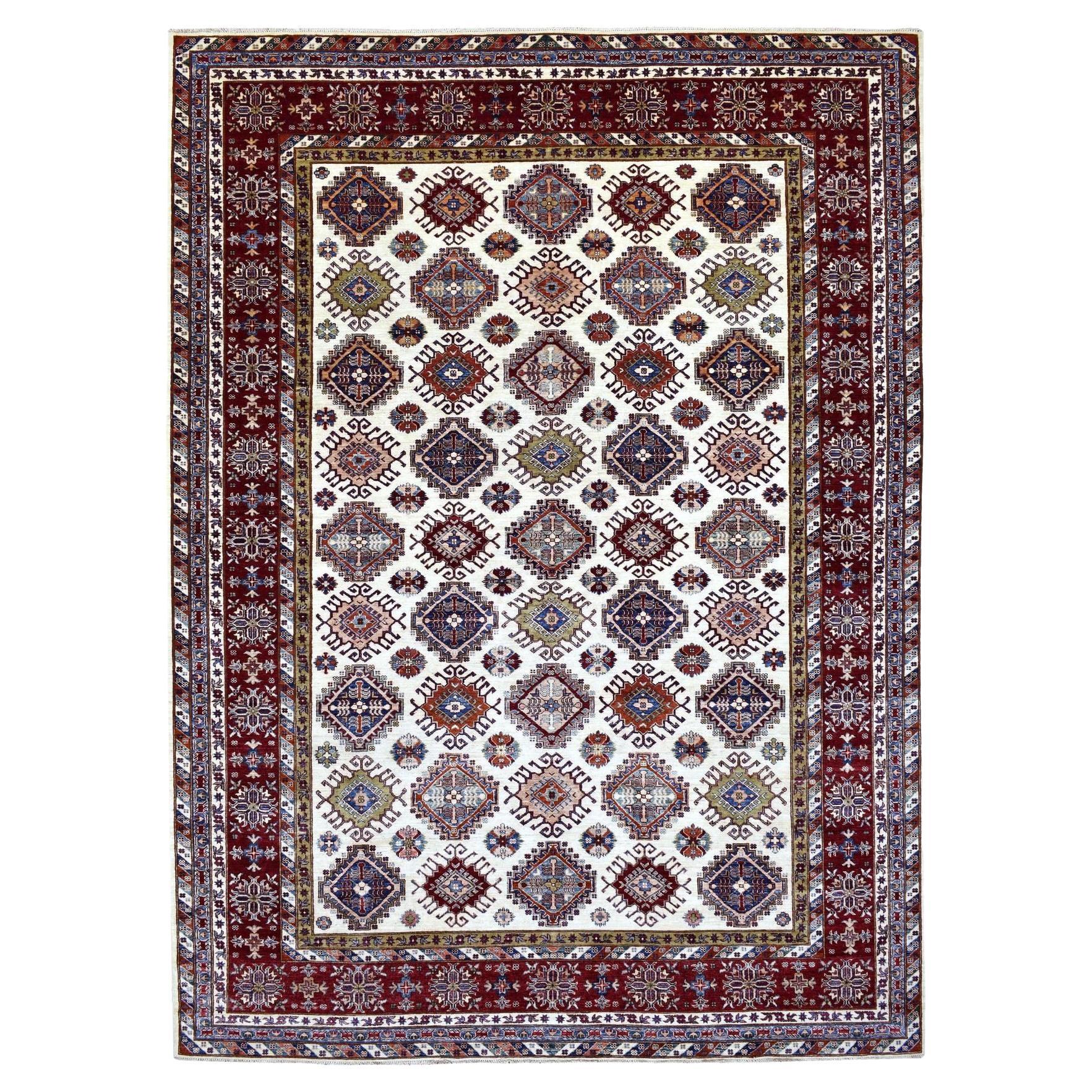 9'1"x12'4" Ivory Super Kazak with Colorful Repetitive Medallions Shiny Wool Rug