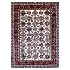 9'1"x12'4" Ivory Super Kazak with Colorful Repetitive Medallions Shiny Wool Rug