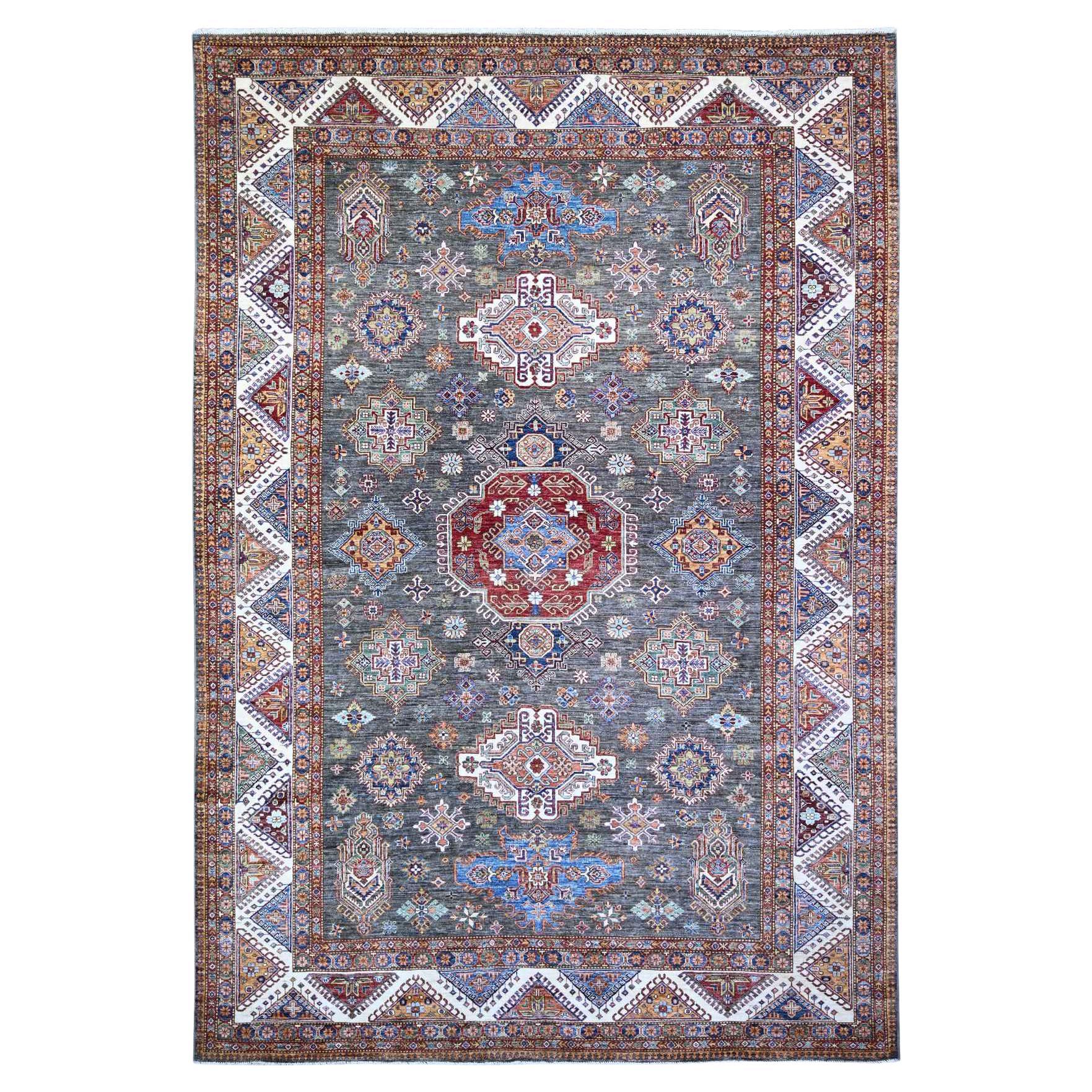 9'1"x13' Anchor Gray Kazak Caucasian Design Hand Knotted Wool Rectangle Rug For Sale