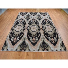 9'1"x13' Eerie Black, 100% Wool, Ikat Uzbek Design, Hand Knotted, Oriental Rug