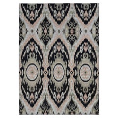 9'1"x13' Eerie Black, 100% Wool, Ikat Uzbek Design, Hand Knotted, Oriental Rug