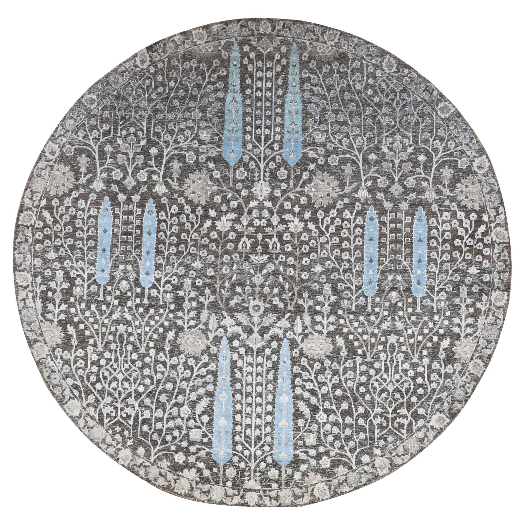 9'1"x9'1" Brown, Cypress Tree Design, Silk with Wool, Hand Knotted Round Rug