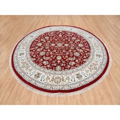 9'1"x9'1" Cherry Red Hand Knotted Nain Flower Design 250 KPSI Wool Round Rug