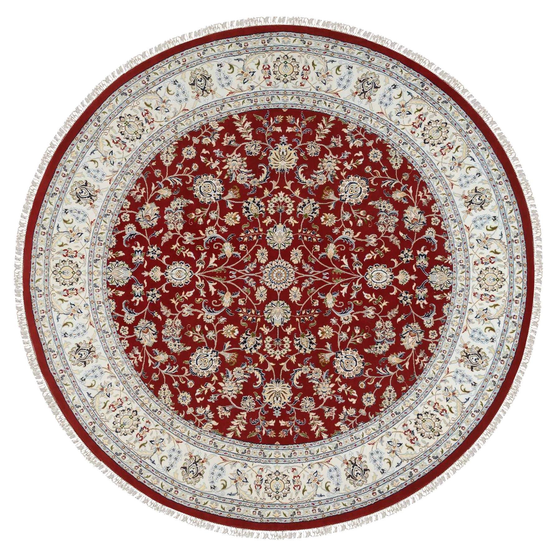 9'1"x9'1" Cherry Red Hand Knotted Nain Flower Design 250 KPSI Wool Round Rug