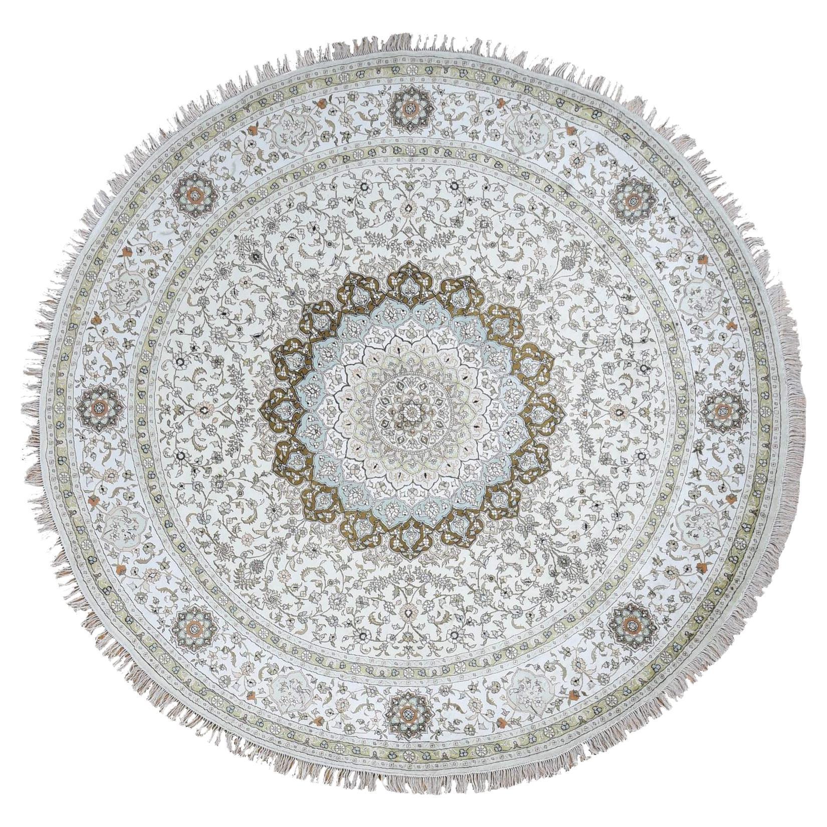 9'1"x9'1" Ivory, Silken, Tabriz Design, 300 KPSI, Hand Knotted, Round Rug For Sale