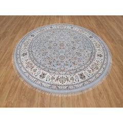 9'1"x9'9" Light Blue Nain with Flower Design Hand Knotted Wool & Silk Round Rug