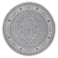9'1"x9'9" Light Blue Nain with Flower Design Hand Knotted Wool & Silk Round Rug
