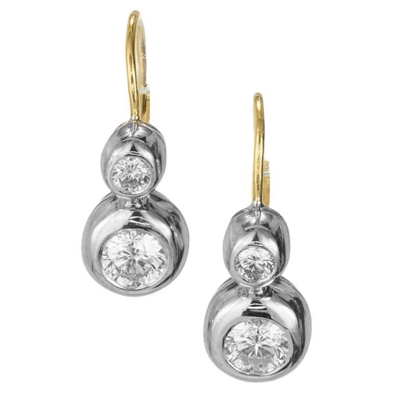 .92 Carat Diamond Bezel Set Two-Tone Gold Dangle Earrings For Sale
