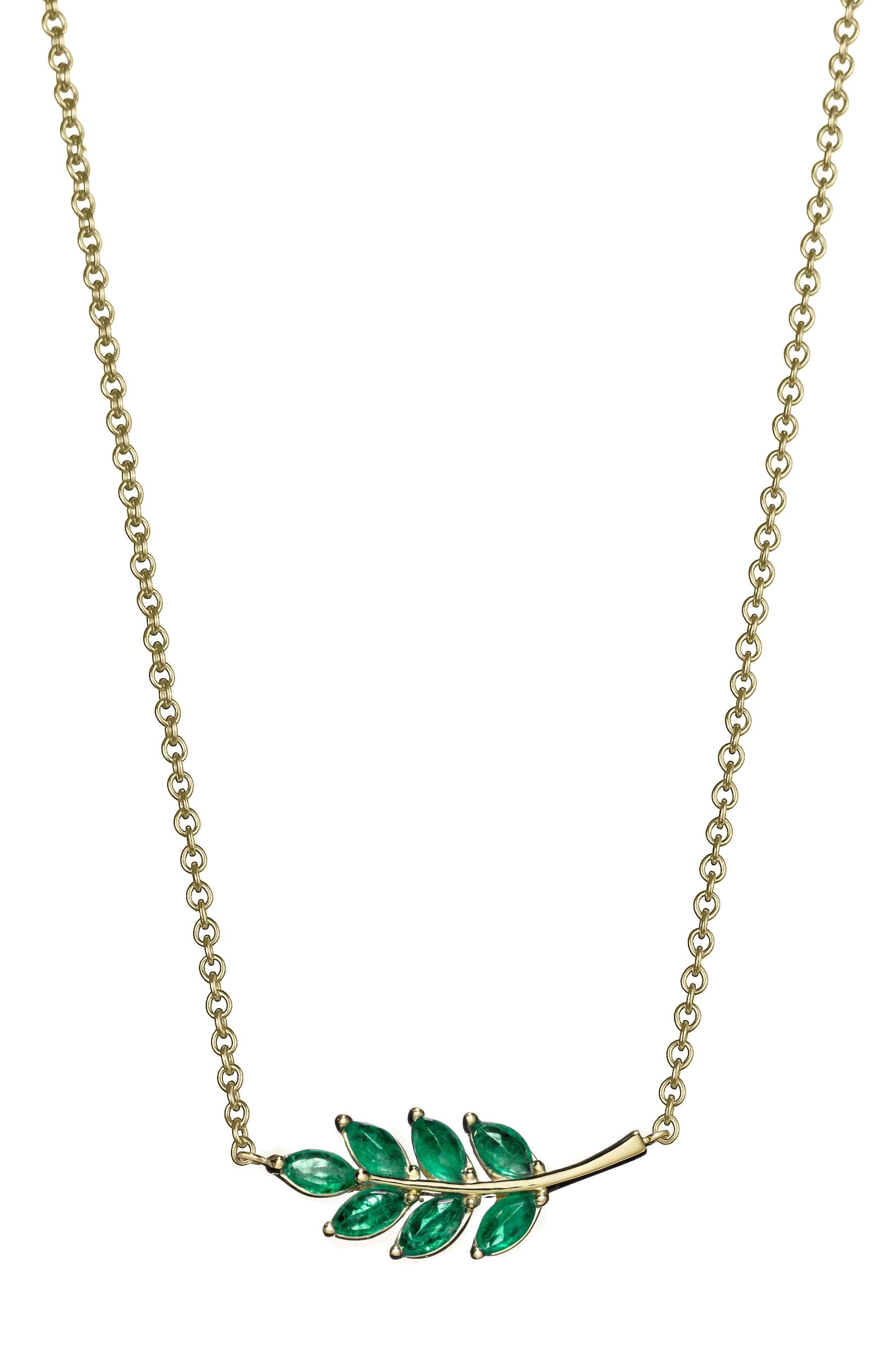 .92 Carat Emerald Leaf Necklace
A colorful and pretty necklace. The branch is slightly curved and each leaf is a marquise diamond set upside down to give it a domed look.


Emerald Leaf Necklace
A colorful and pretty necklace. The branch is slightly