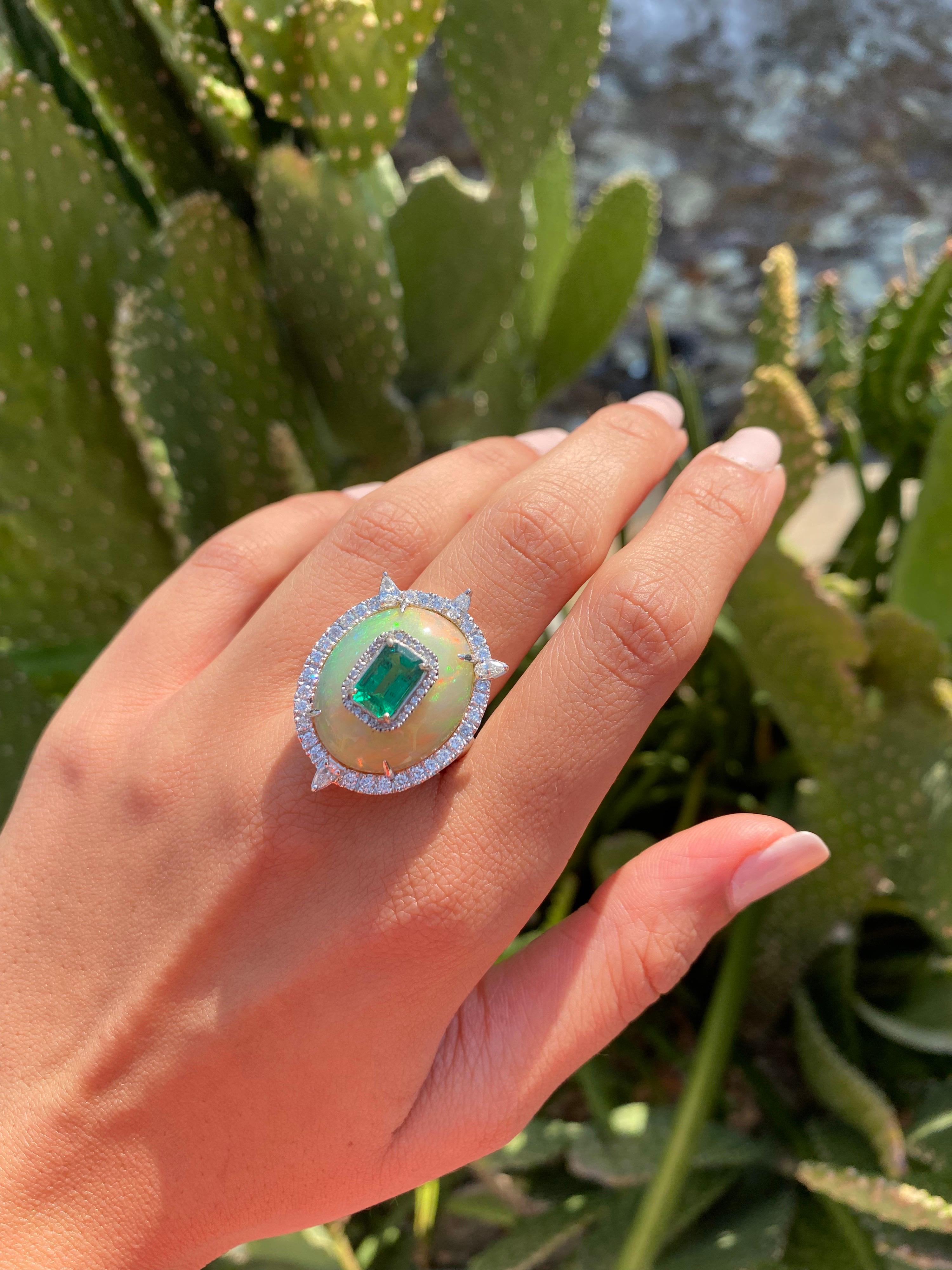 Cabochon 9.2 Carat Opal and Emerald Cocktail Ring For Sale