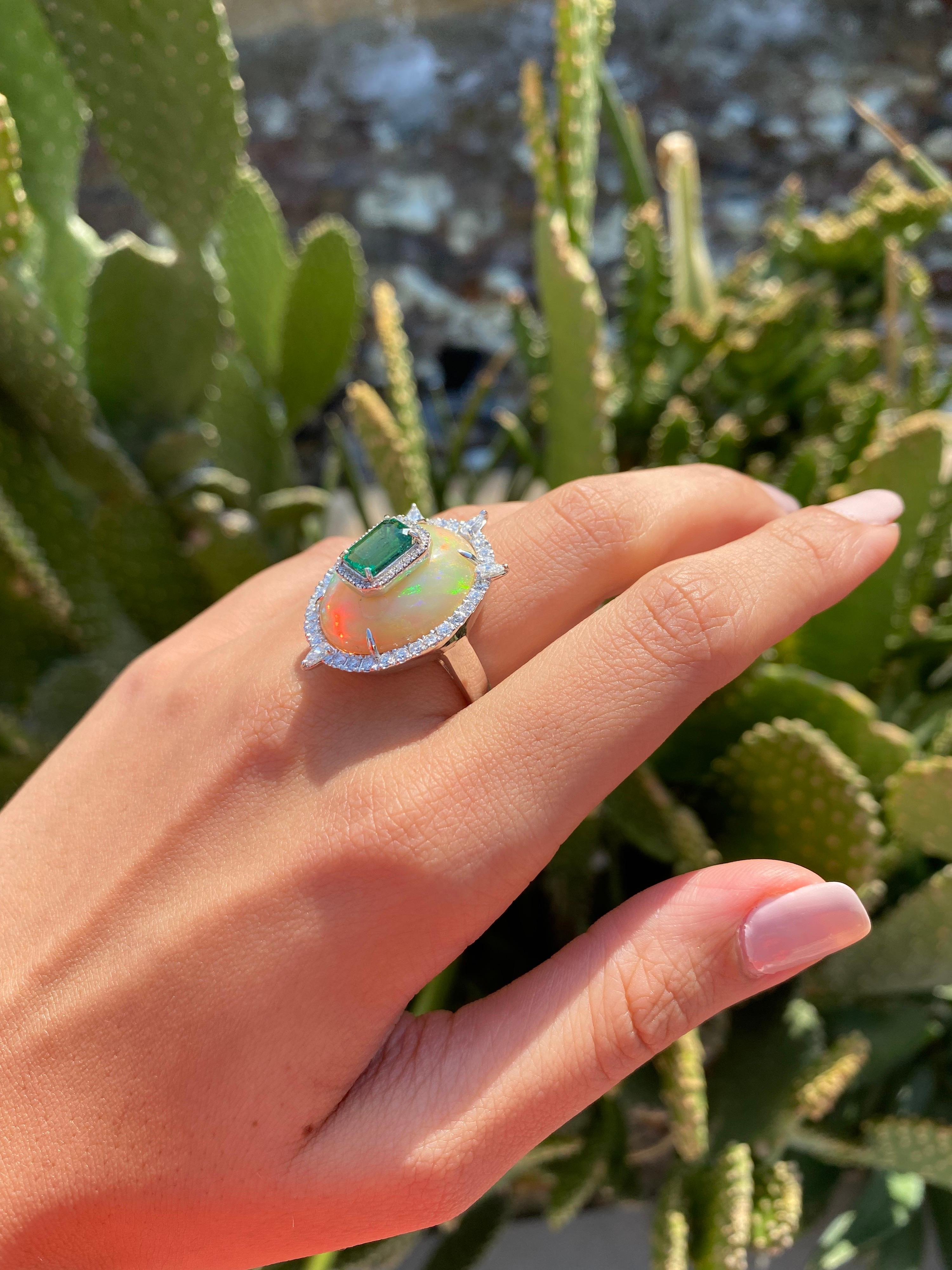 Women's or Men's 9.2 Carat Opal and Emerald Cocktail Ring For Sale