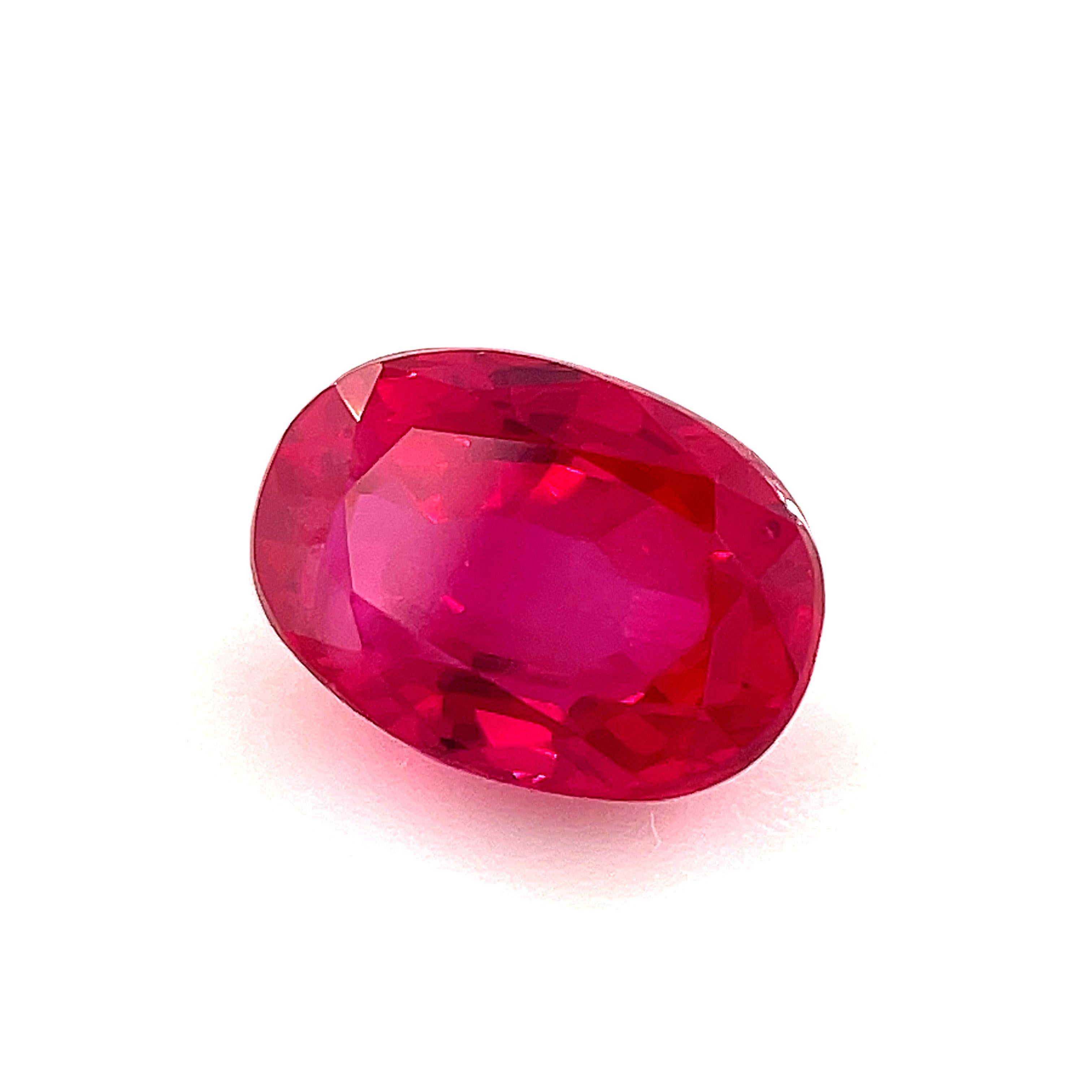 This beautiful, vivid red ruby would make a spectacular ring! It weighs .92 carat and has a bright, almost electric cherry red color with gorgeous pinkish highlights. It is eye clean and a real gem! This ruby measures 6.29 x 4.47 millimeters and is