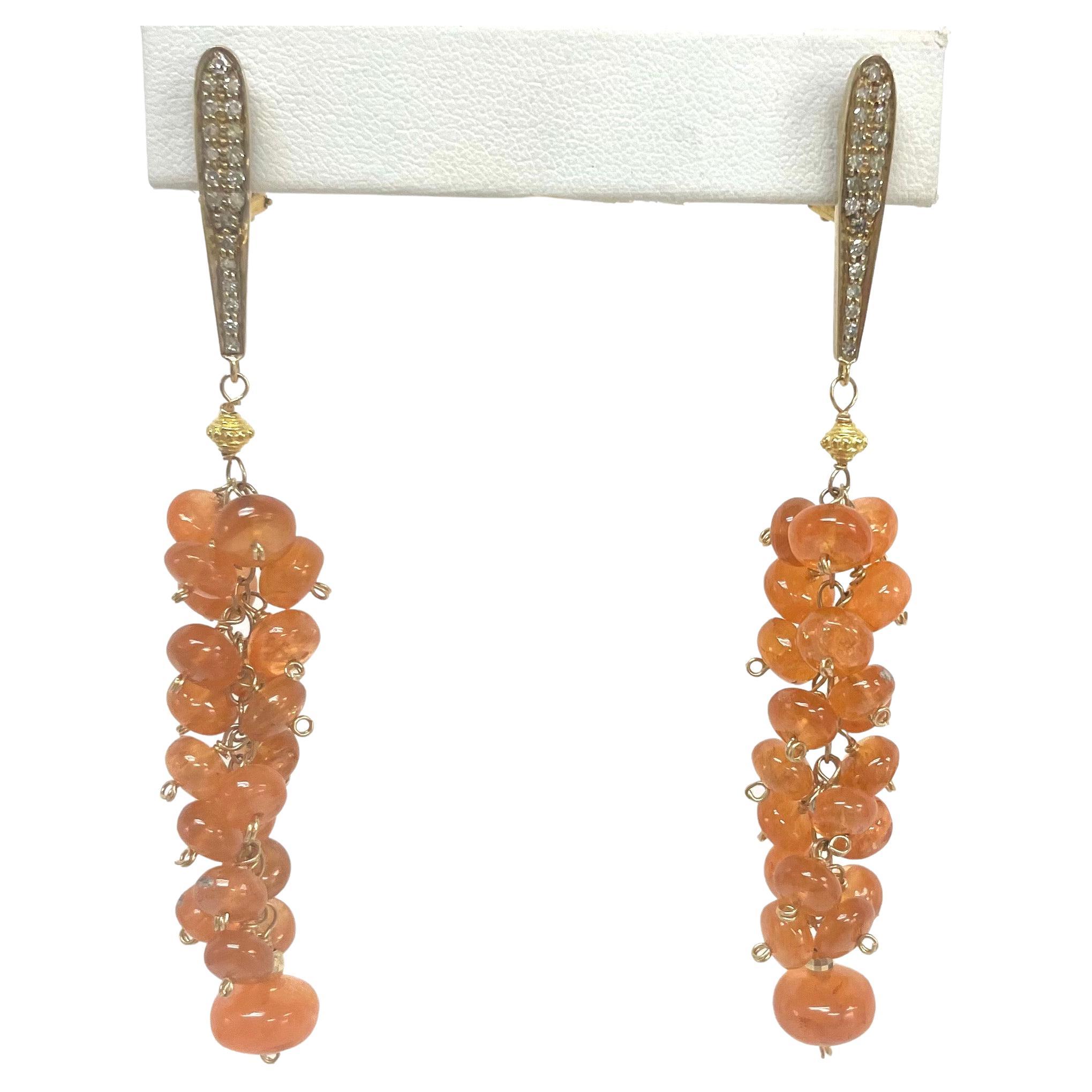 Artisan 92 Carats Orange Spessartite with Gold and Diamonds Cluster Earrings For Sale
