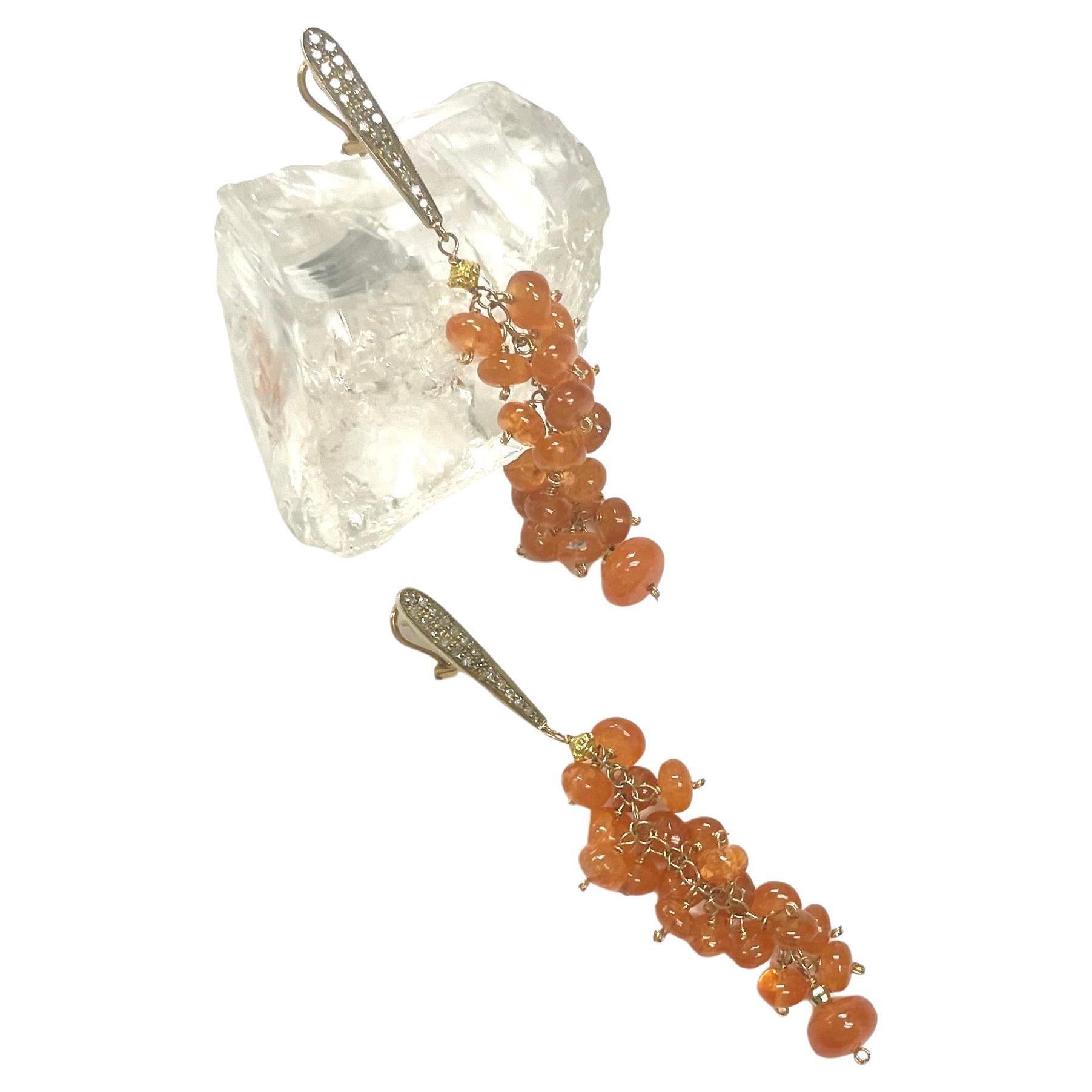92 Carats Orange Spessartite with Gold and Diamonds Cluster Earrings For Sale 1