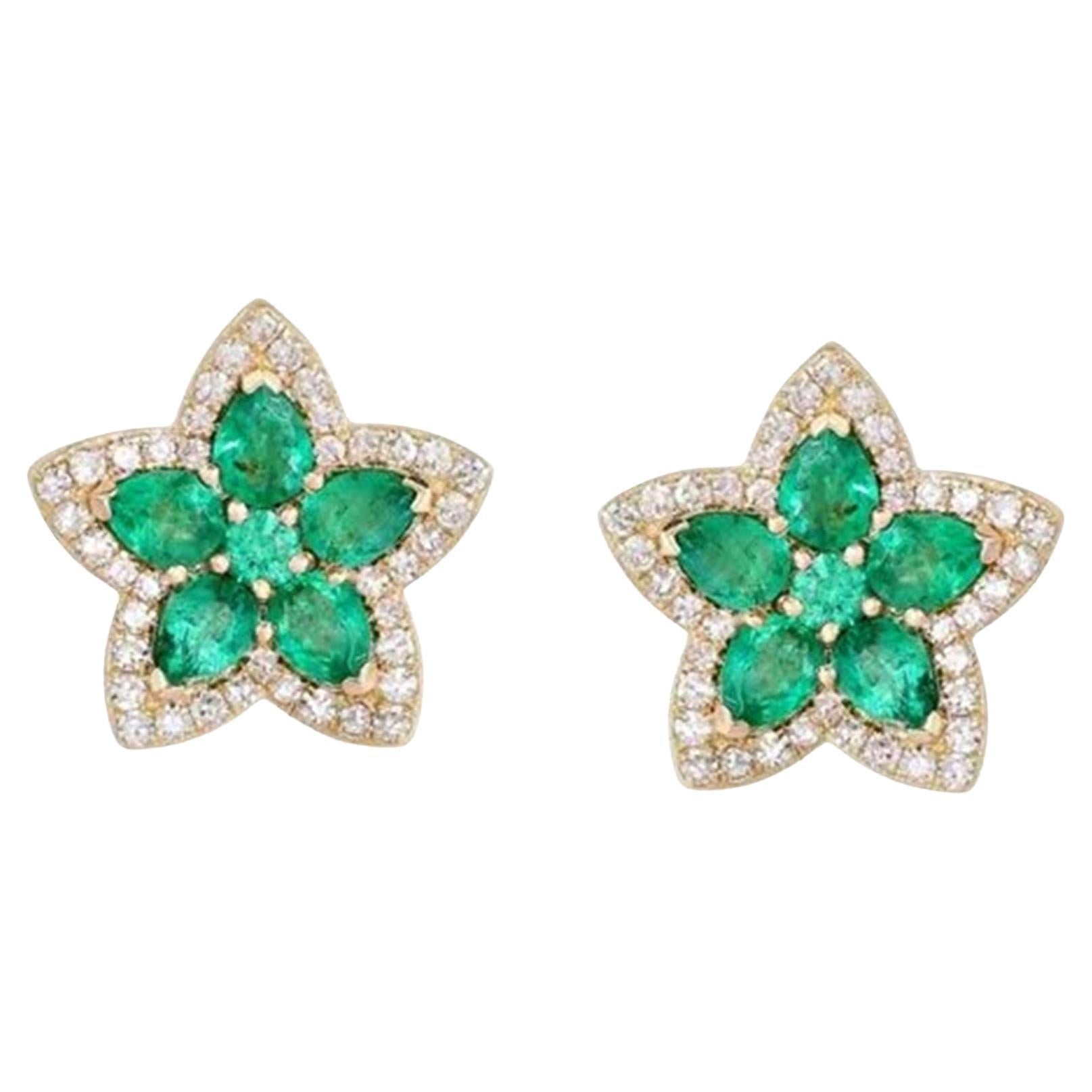 1.49ct Emerald, Ruby & Diamond 14K Yellow Gold Stud Earrings For Sale