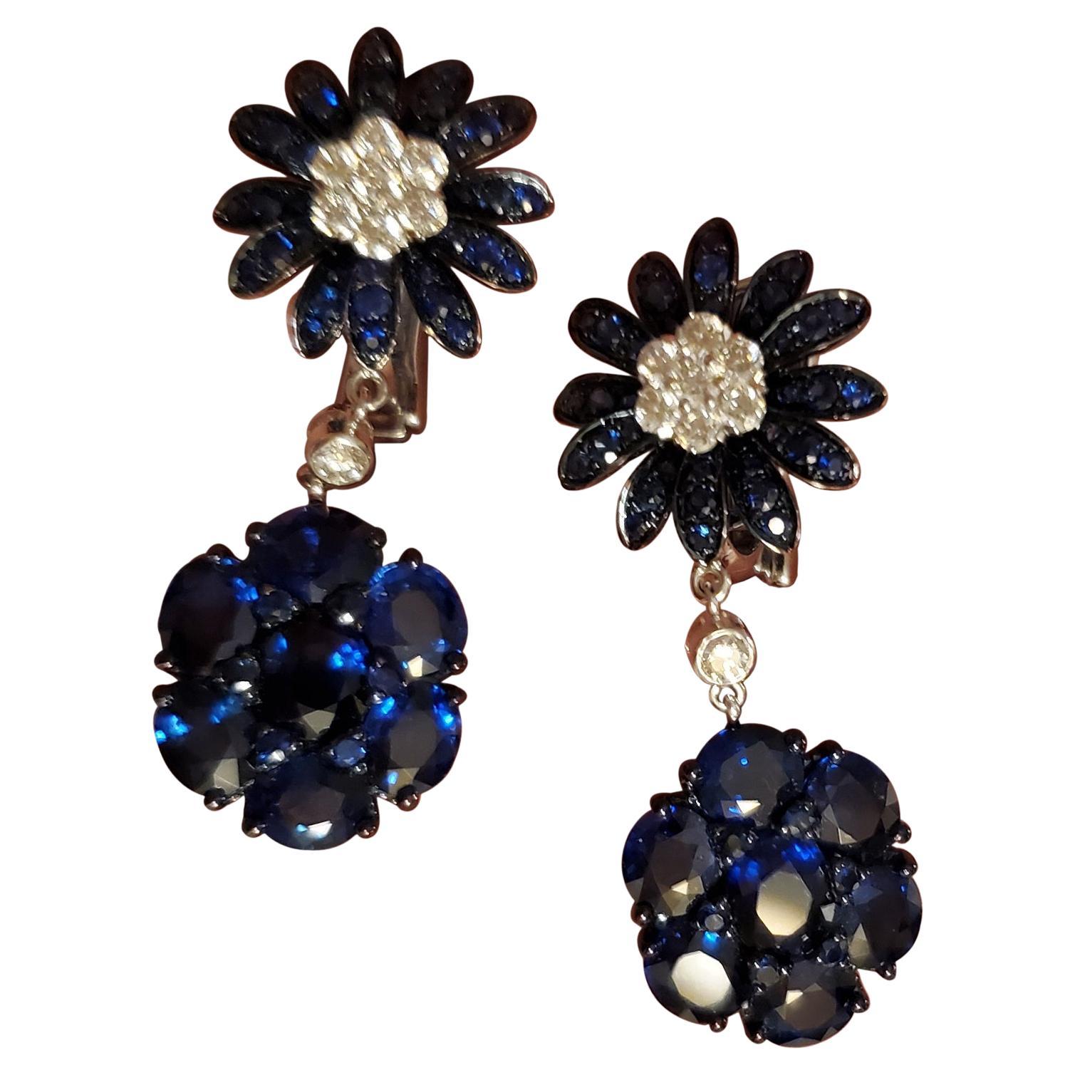 9.20 Carat Natural Royal Blue Sapphire and White Diamond Dangling Gold Earrings For Sale