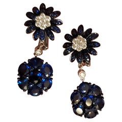 9.20 Carat Natural Royal Blue Sapphire and White Diamond Dangling Gold Earrings