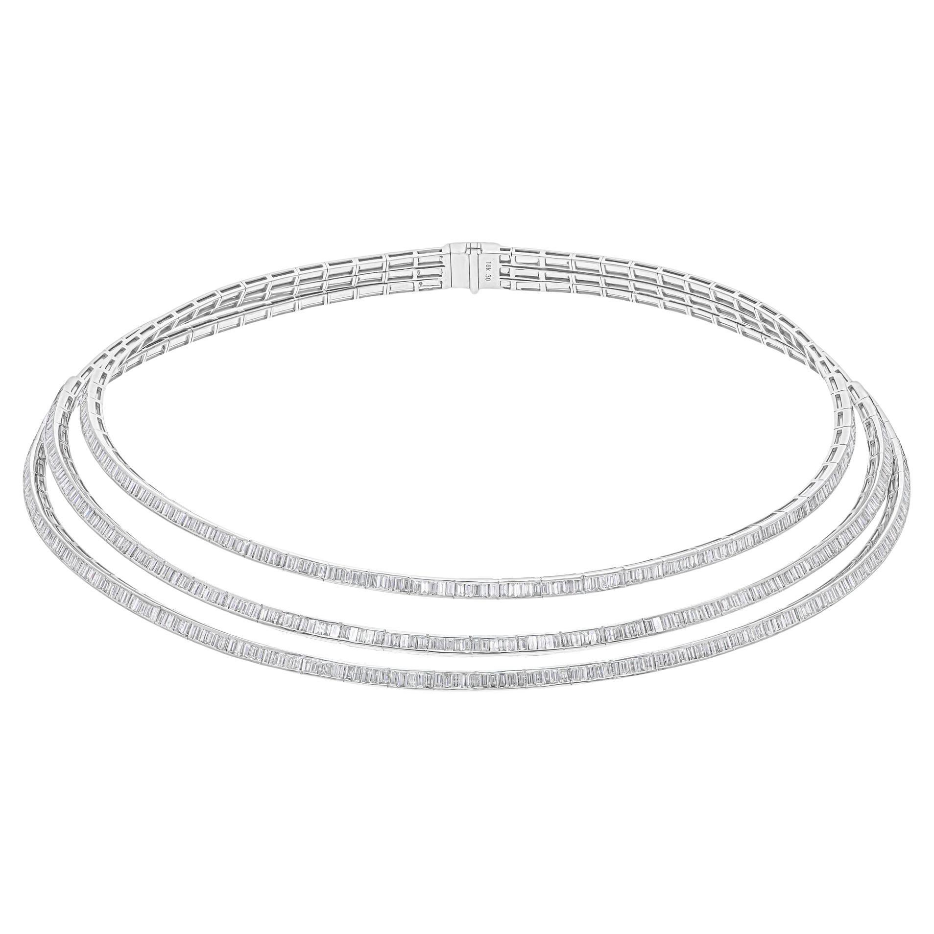 9.20 Carat SI/H Baguette Diamond Three Stand Choker Necklace 18 Karat White Gold